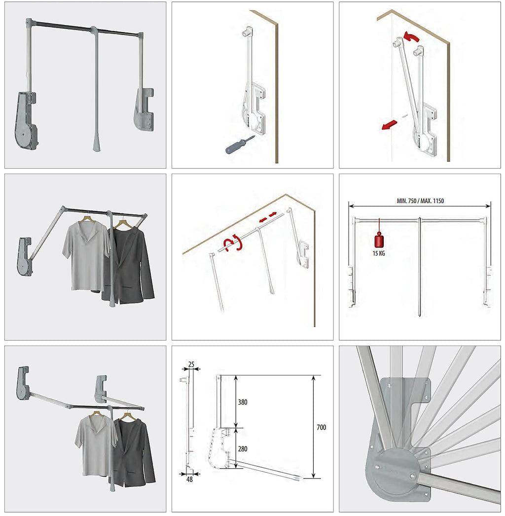 Decoranddecor Pull Down Wardrobe Rail | 750-1150mm Soft Close - 15kg
