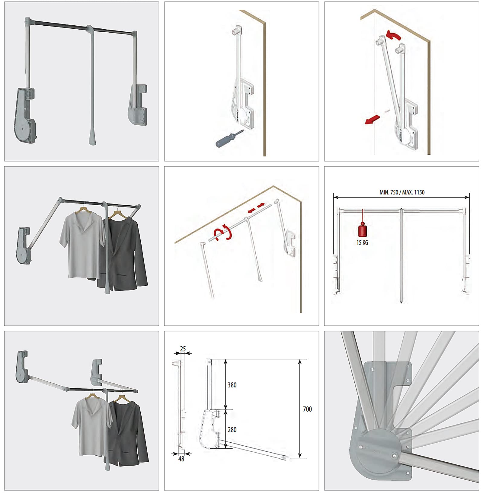 Decoranddecor Pull Down Wardrobe Rail | 750-1150mm Soft Close - 15kg