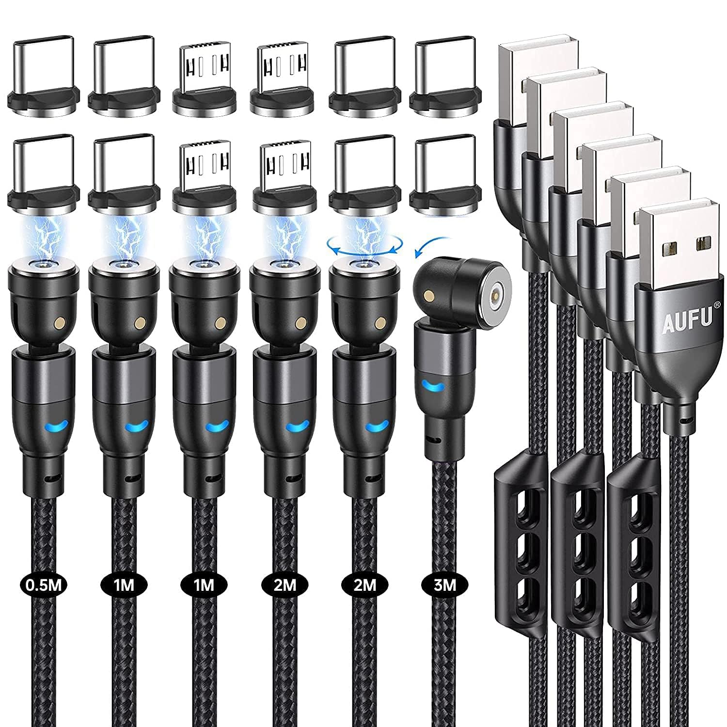 AUFU Magnetic Charging Cable 6-Pack | 360° Rotatable USB-C & Micro USB