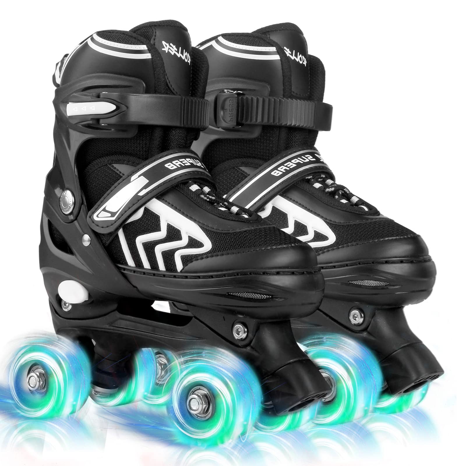 Jolof Store Kids Adjustable Roller Skates | 8 Light Up Wheels | Black & White