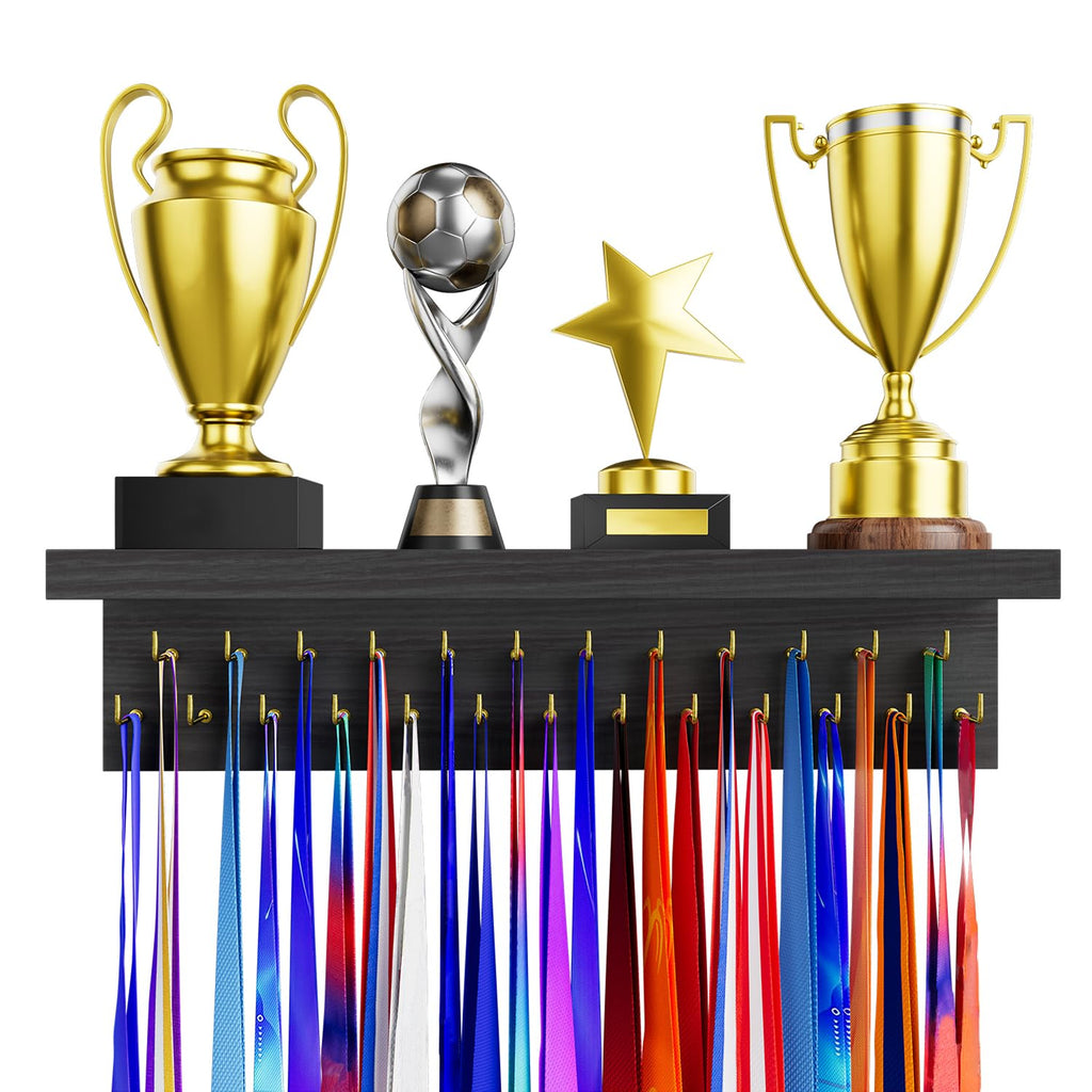 DSVENROLY Medal Holder Trophy Shelf Organizer, 25 Golden Hooks, Retro Grey - image 1
