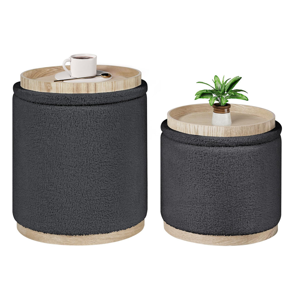 Bonlife Set of 2 Round Ottoman with Tray, Vanity Stool with Storage