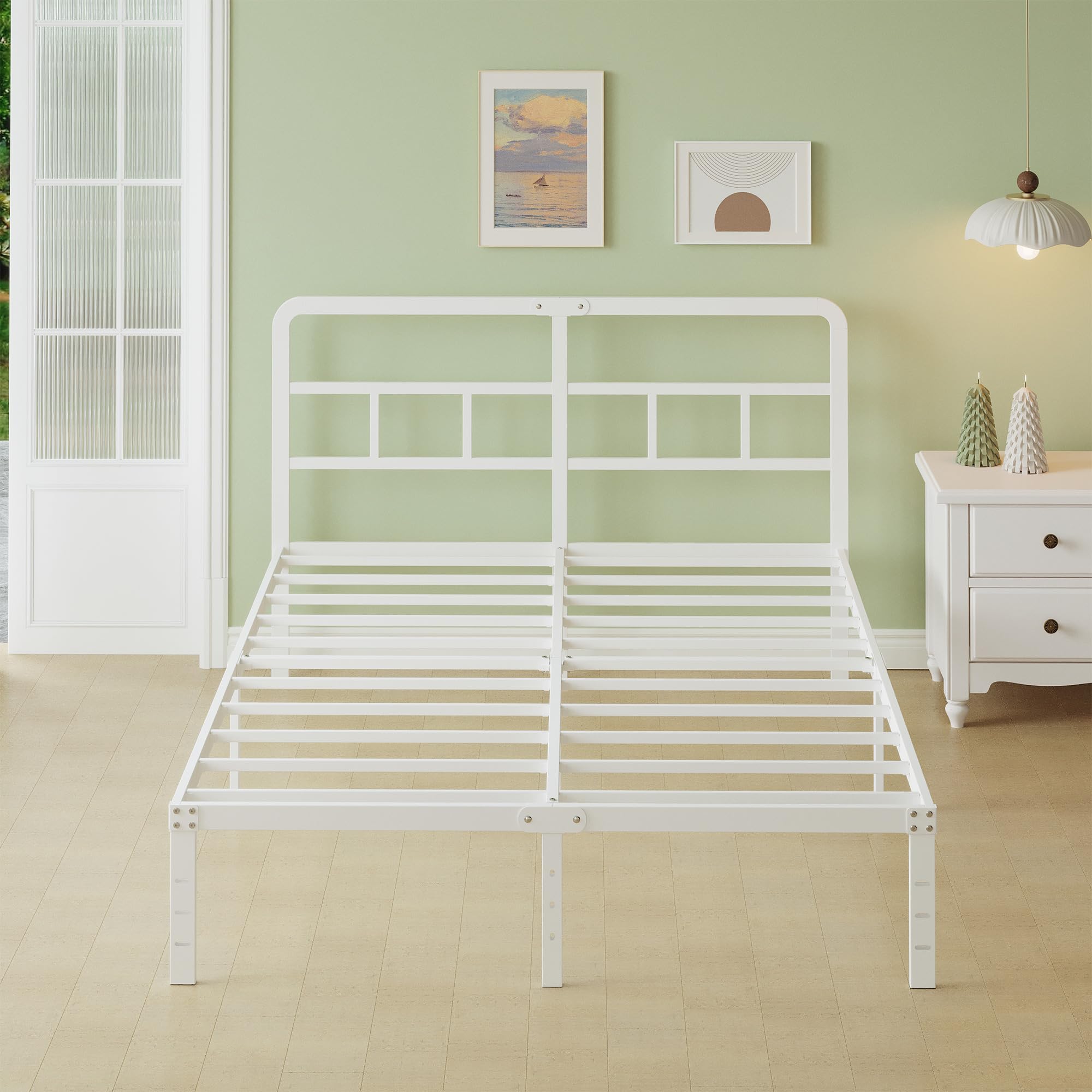 Lutown-Teen King Size Metal Bed Frame | 160x190cm White Steel Slats