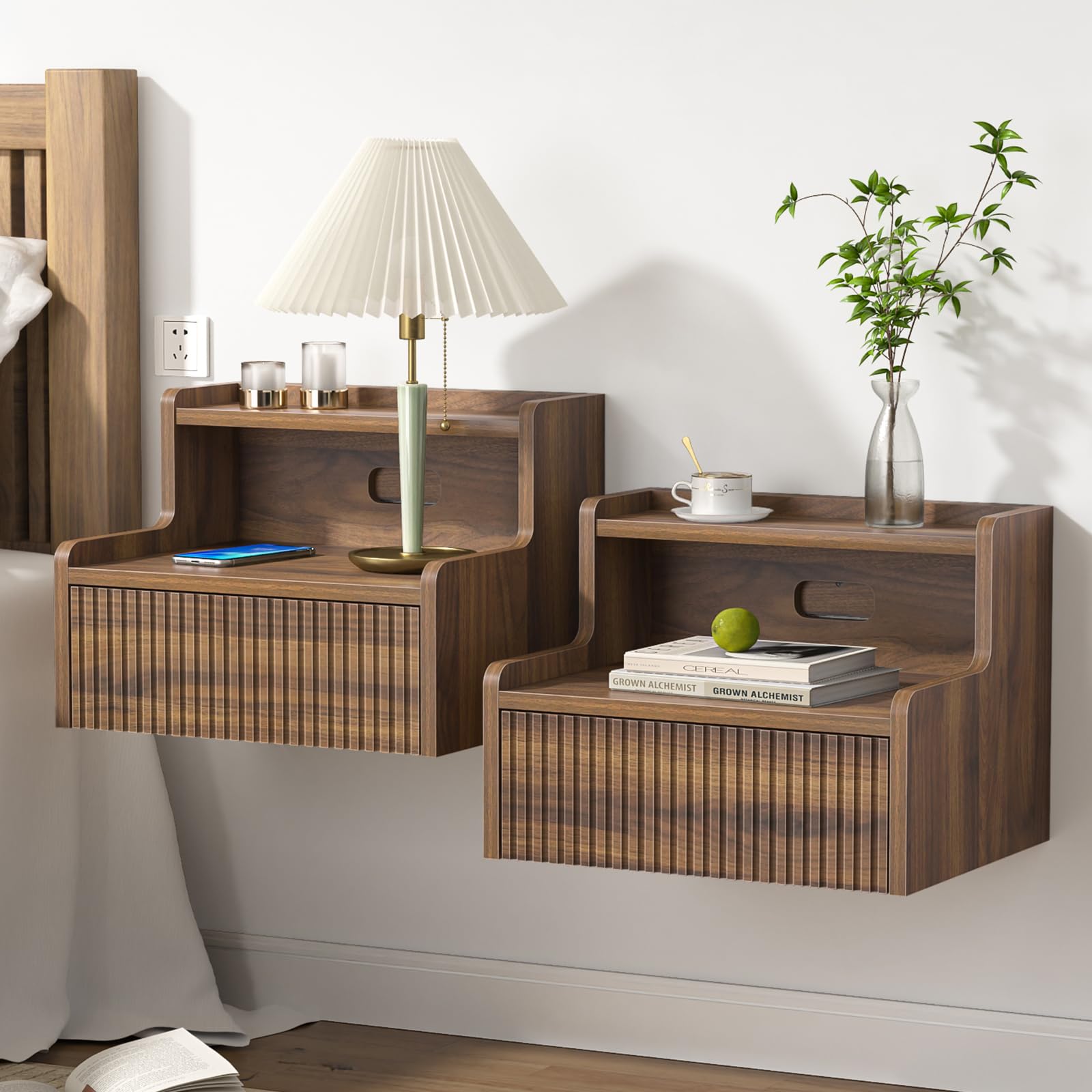 Yvsevnr Floating Nightstand Set of 2 – Wall Mounted Bedside Table with Drawer