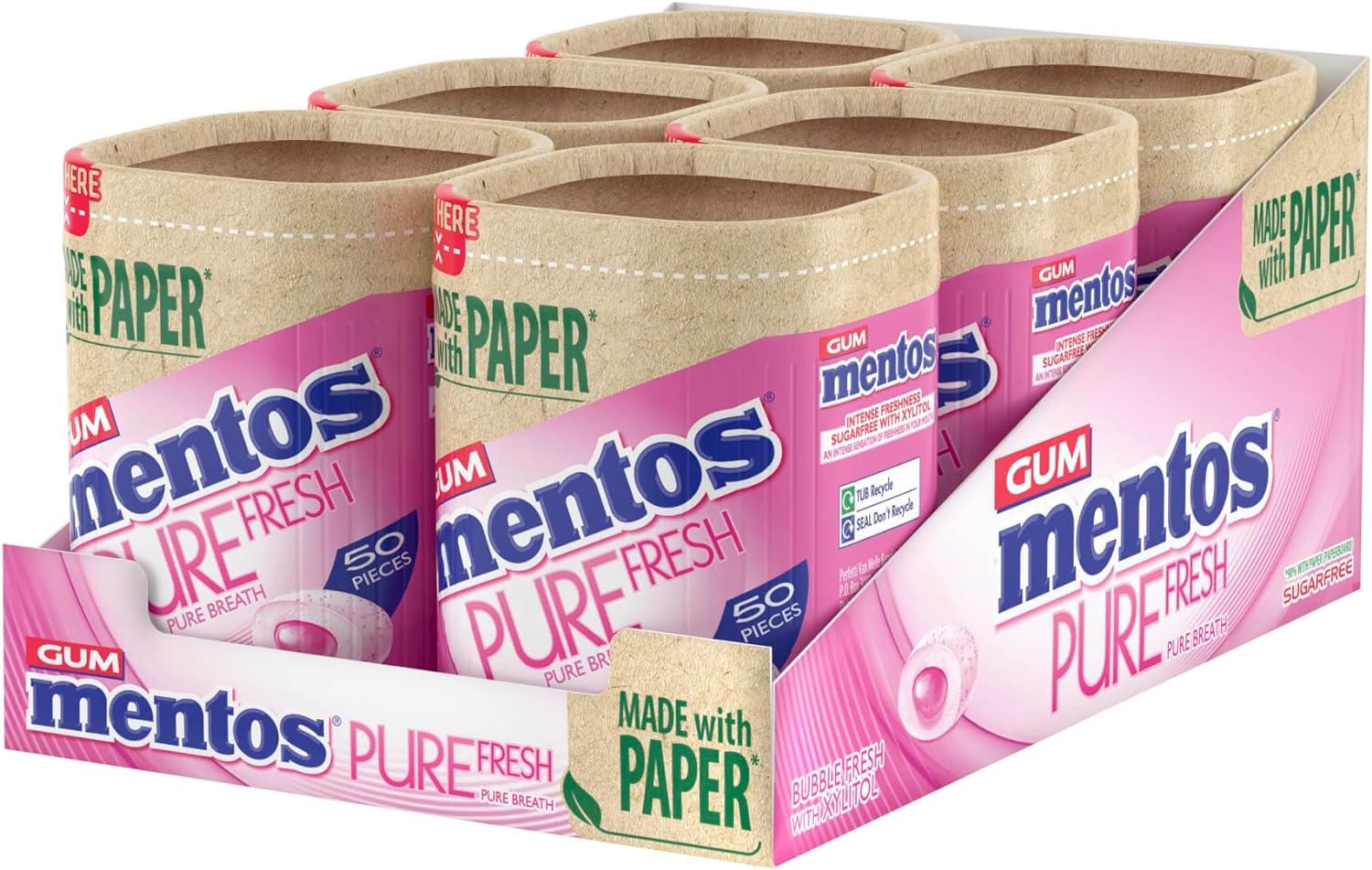 Mentos Pure Fresh Sugarfree Gum – Bubble Fresh – 6 x 50 Piece Bottles