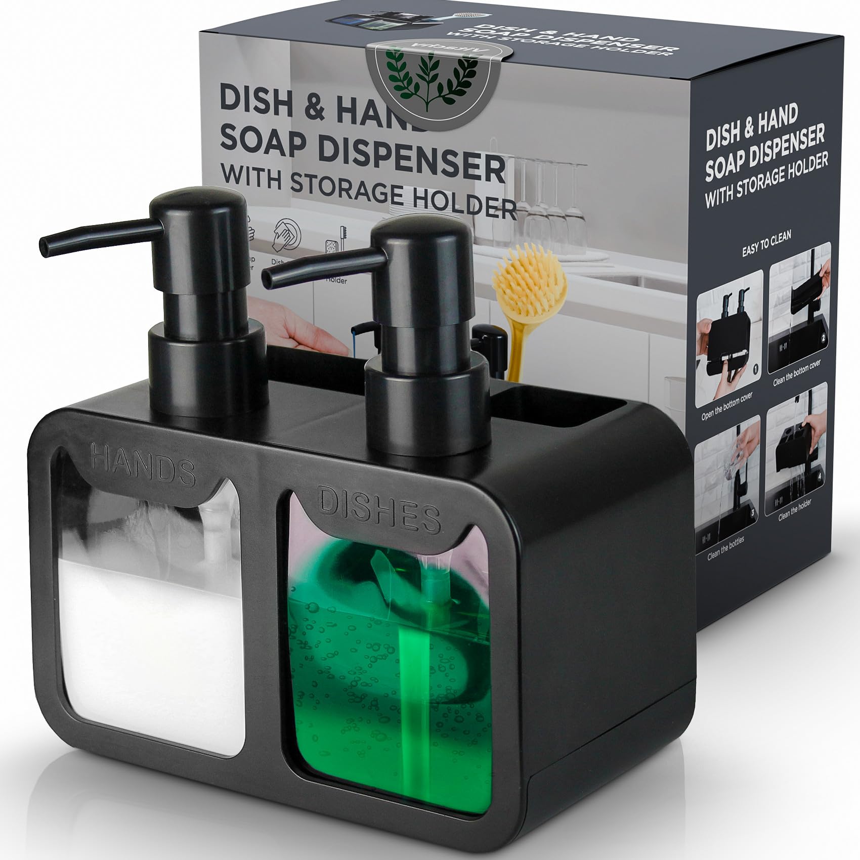 VITACHY Double Soap Dispenser | Kitchen Sink Organizer & Sponge Holder