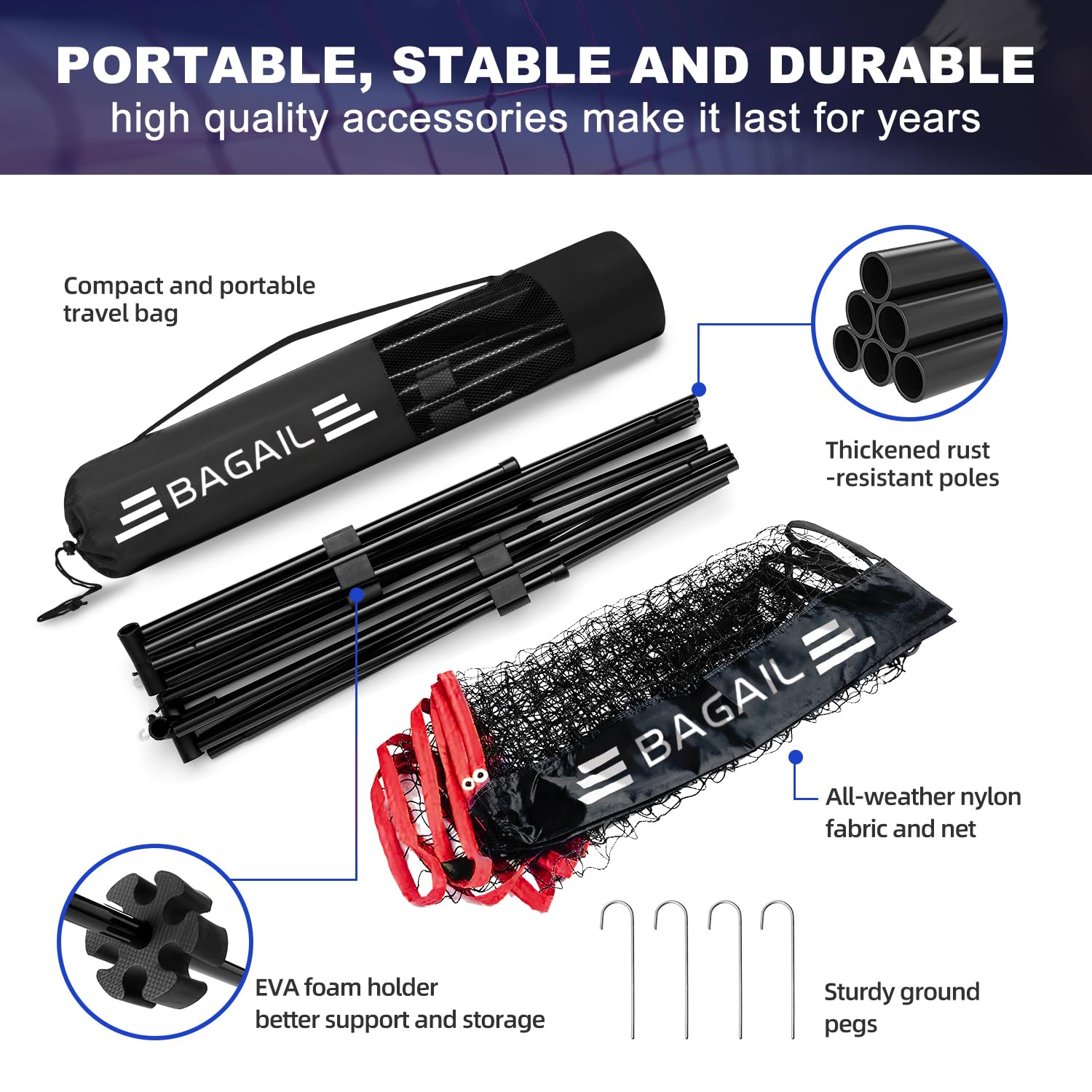 BAGAIL Portable Badminton Net – Height Adjustable Foldable Sports Net
