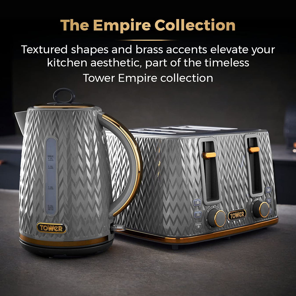 Tower Empire 4-Slice Toaster | 1600W with Defrost & Reheat - Grey/Brass
