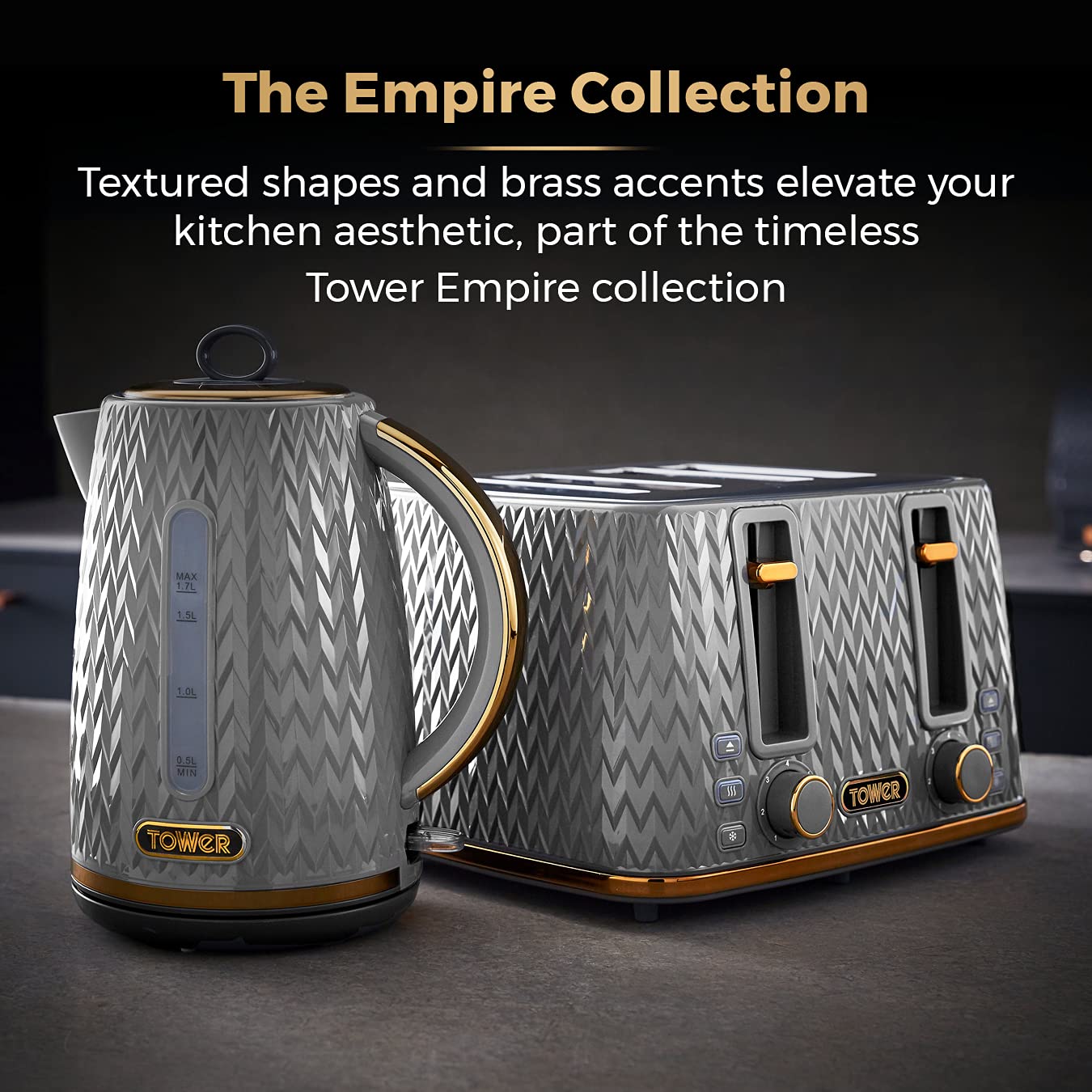 Tower Empire 4-Slice Toaster | 1600W with Defrost & Reheat - Grey/Brass