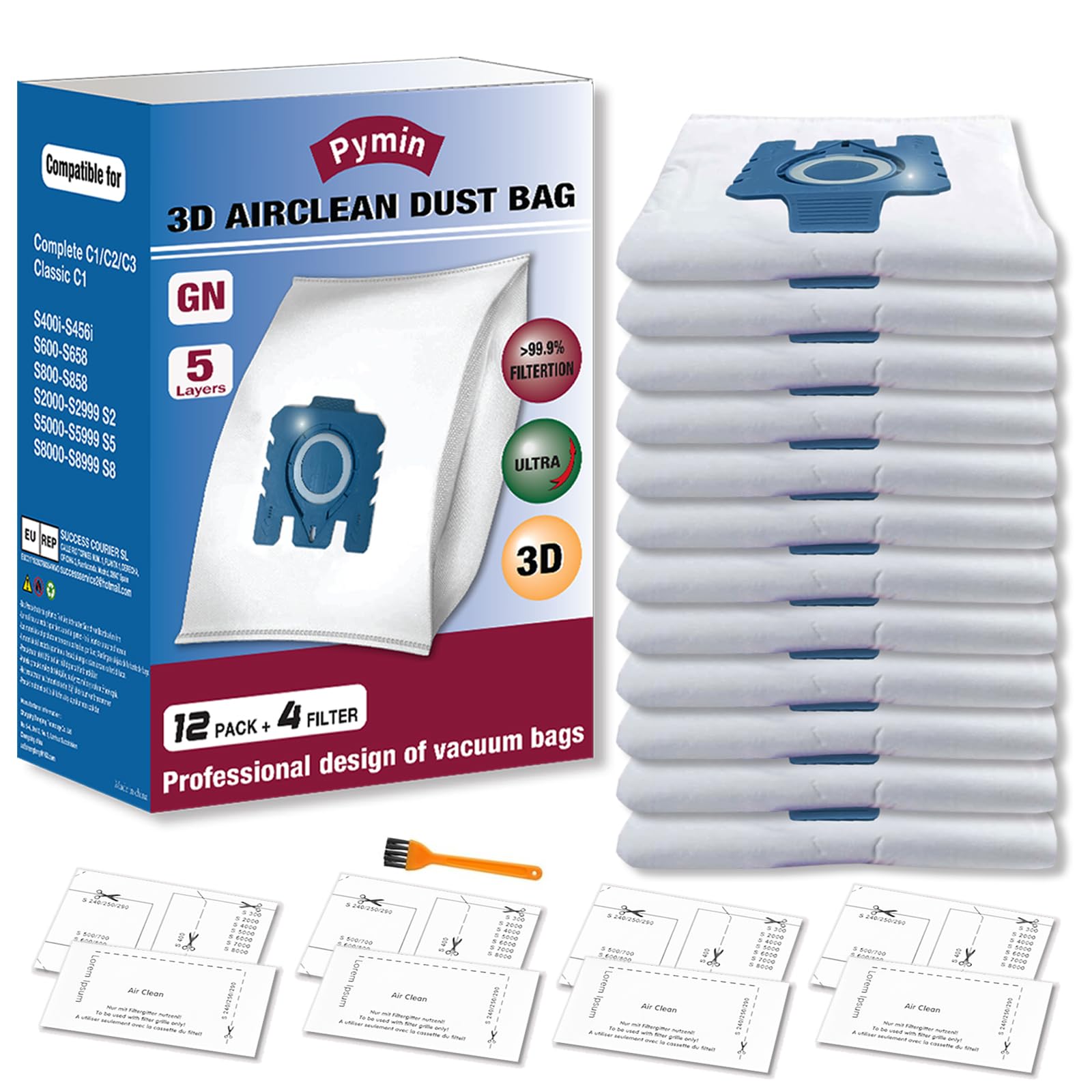 Pymin 12 Pack GN Vacuum Dust Bags for Miele Classic C1 C2 C3 S8