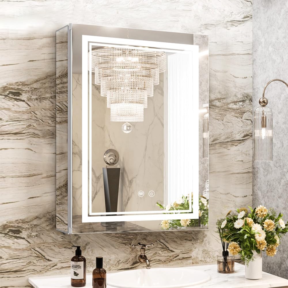 Janboe LED Medicine Cabinet | Dimmable Lighted Mirror with Shaver Socket