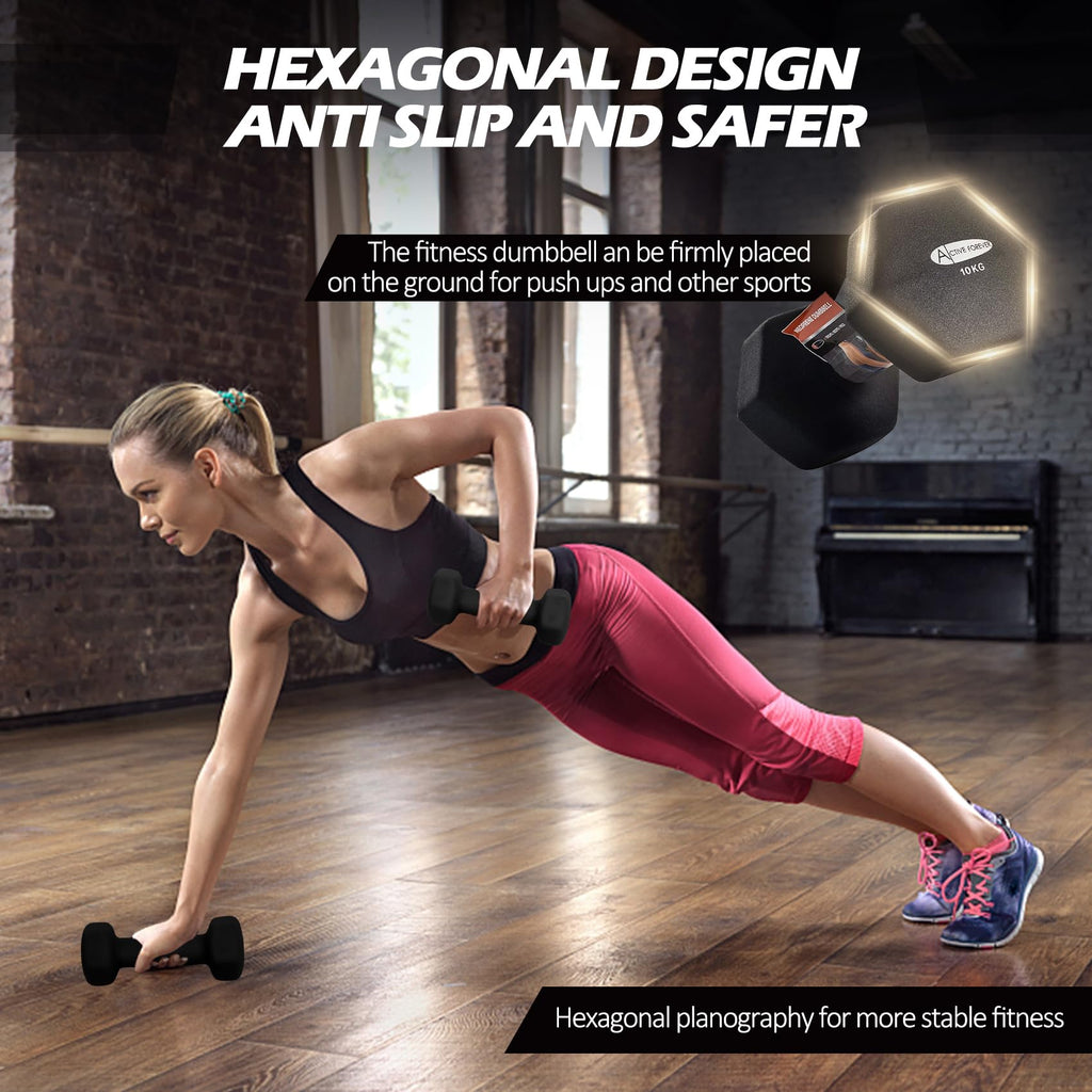 ACTIVE FOREVER Neoprene Hex Dumbbells - 10kg Set of 2, Non-Slip Black