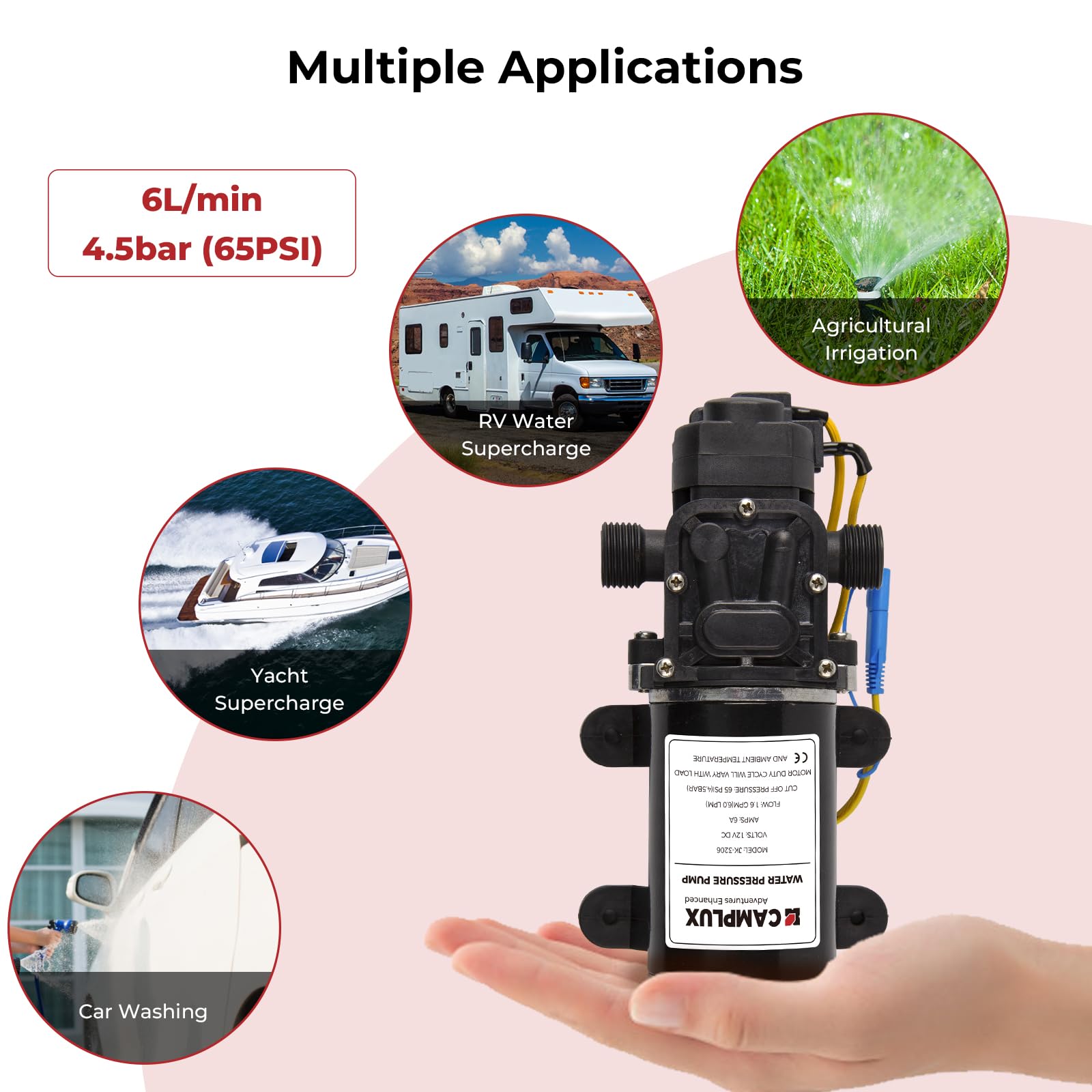 Camplux 12V High Pressure Water Pump | 6L/Min 65 PSI for Caravan & Boat