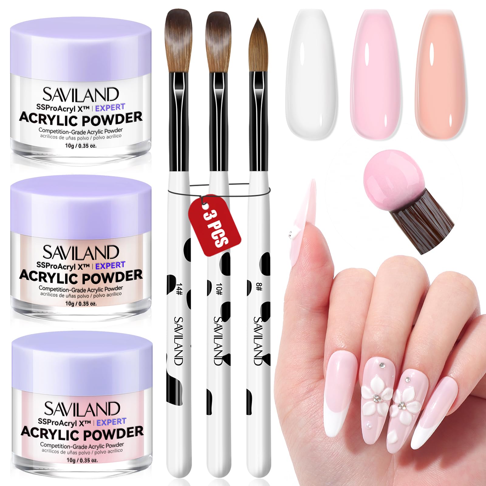 Saviland Acrylic Nail Kit - 3 Colors Powder & 3 Brushes for DIY Extensions