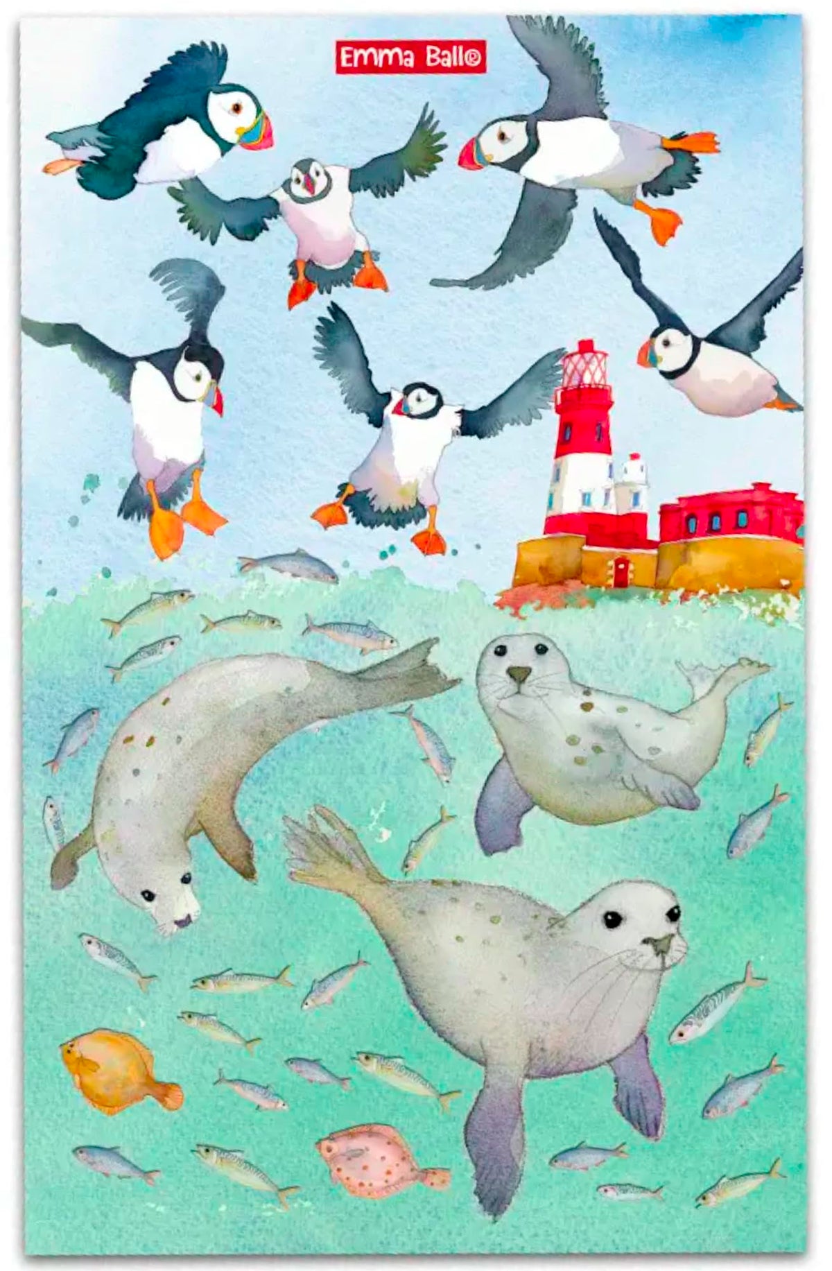 Emma Ball Swimming Seals Cotton Tea Towel Printed in The UK - image 1