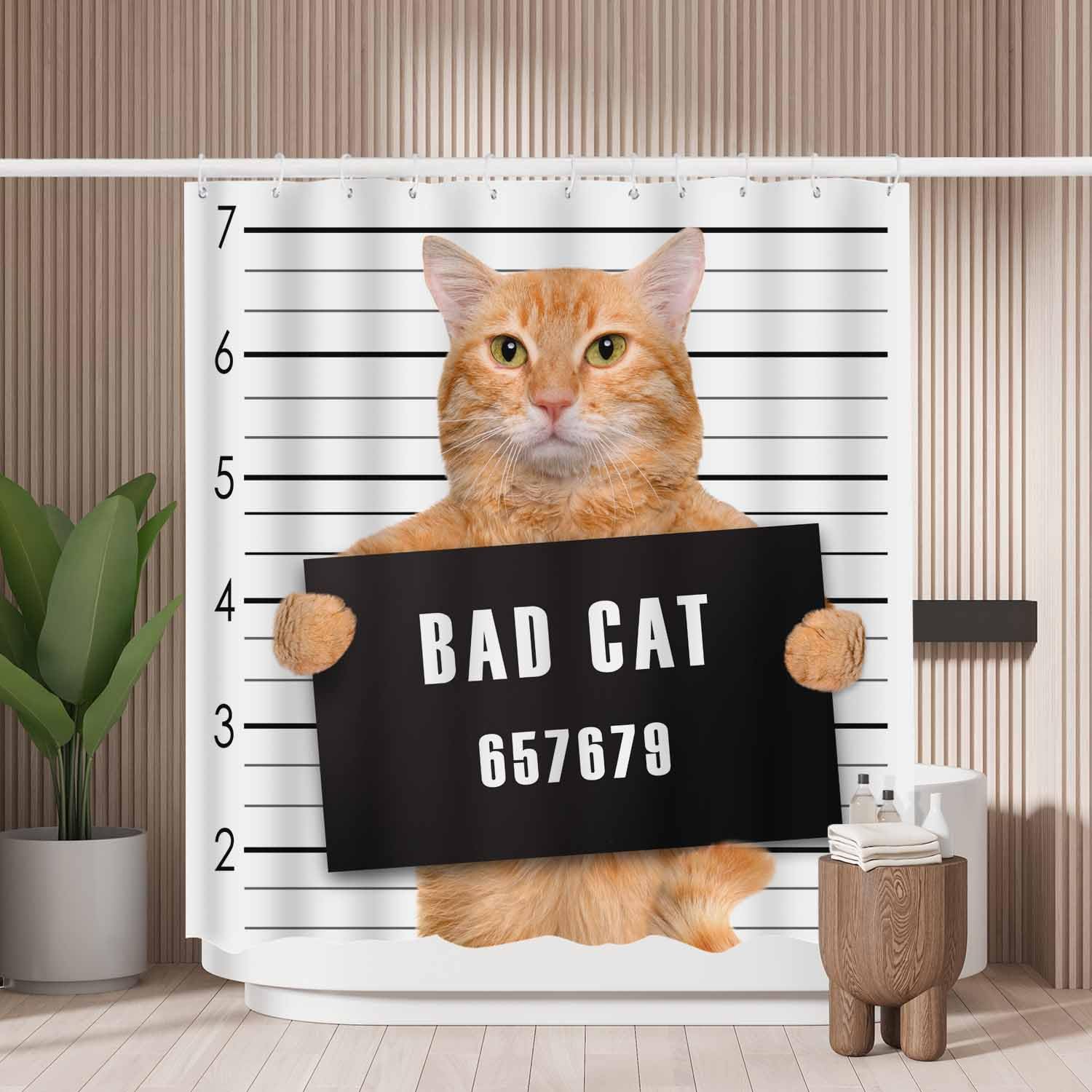 Woutay Bad Cat Shower Curtain | Mold Resistant Waterproof Fabric with Hooks
