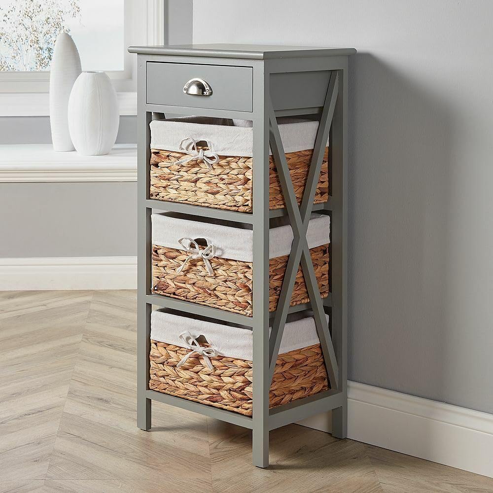 Bedside Table – Grey Wooden Slim Chest with 3 Baskets