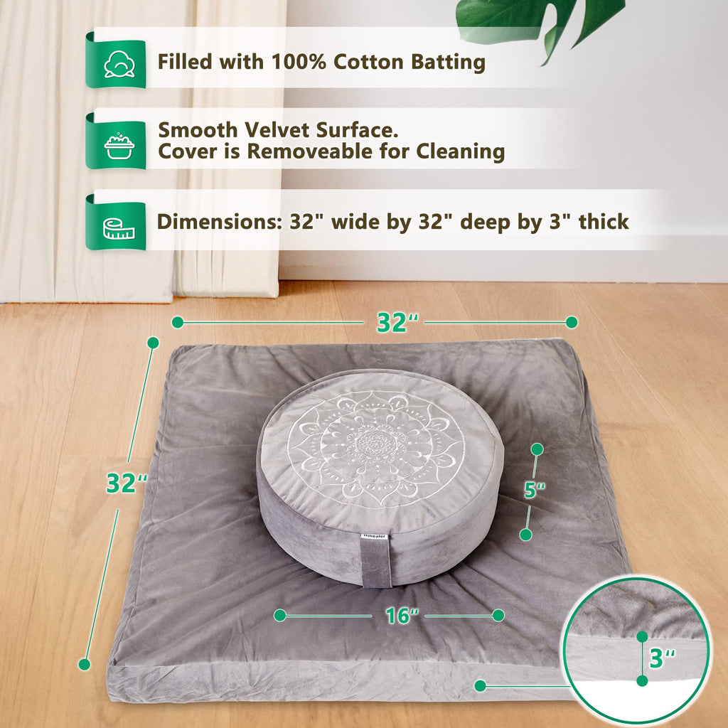 Hihealer Meditation Cushion and Zabuton Mat Set | Velvet Zafu Pillow, Blue