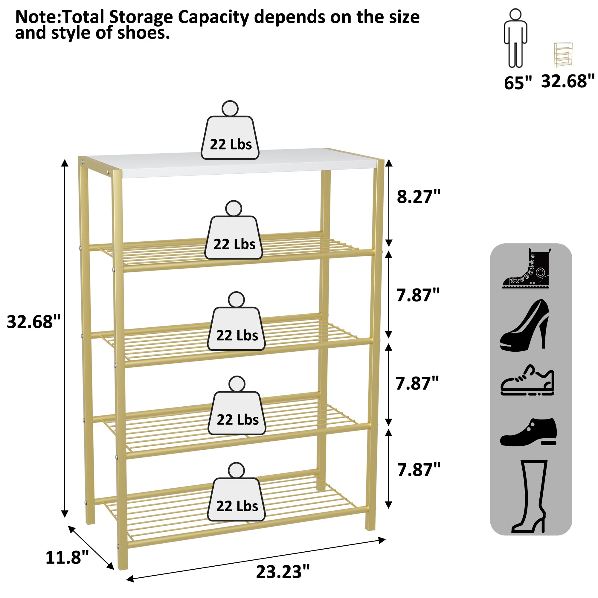 HOME BI 5-Tier Metal Shoe Rack | Industrial Storage Organizer with MDF Top