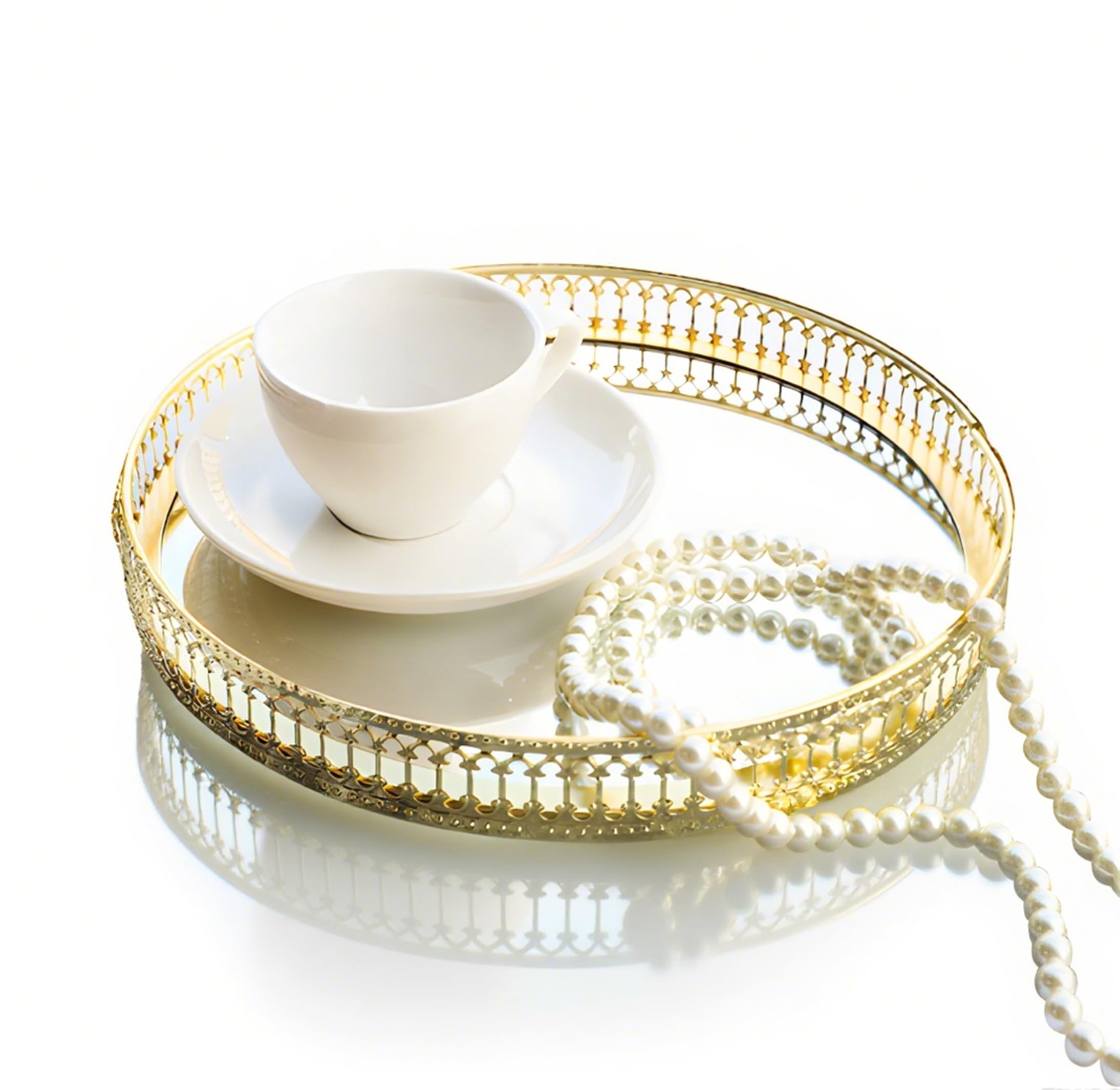 Gold Mirrored Vanity Tray – 25cm Round Iron Perfume Organizer