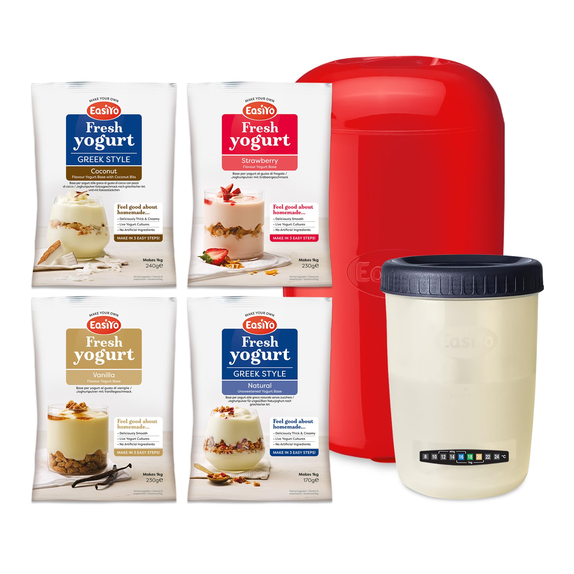 EasiYo Red Yoghurt Maker 1kg Starter Pack with 4 Assorted Sachets