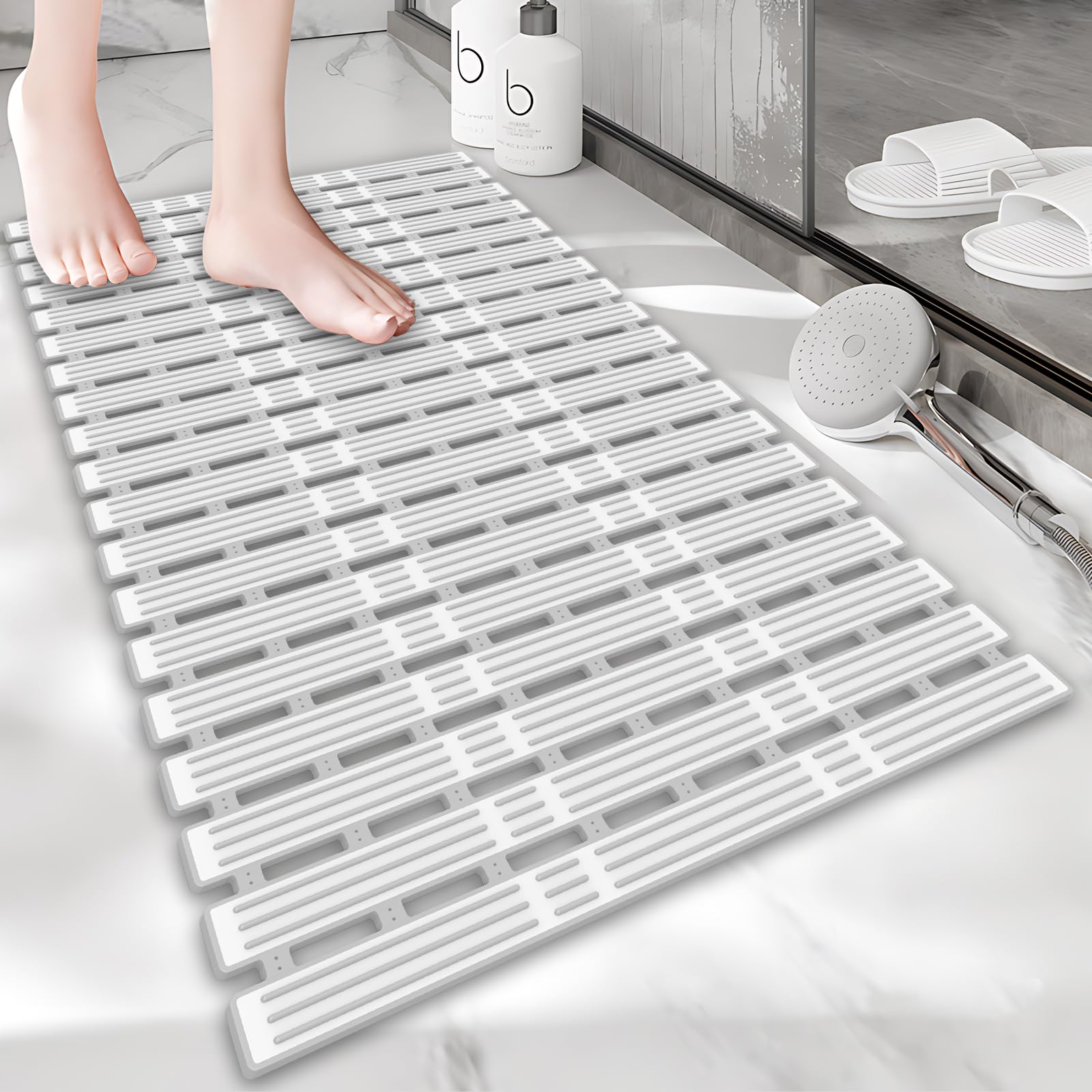 Onihan Non-Slip Bath Mat – Extra Long Anti-Mould Rubber Shower Mat, Grey