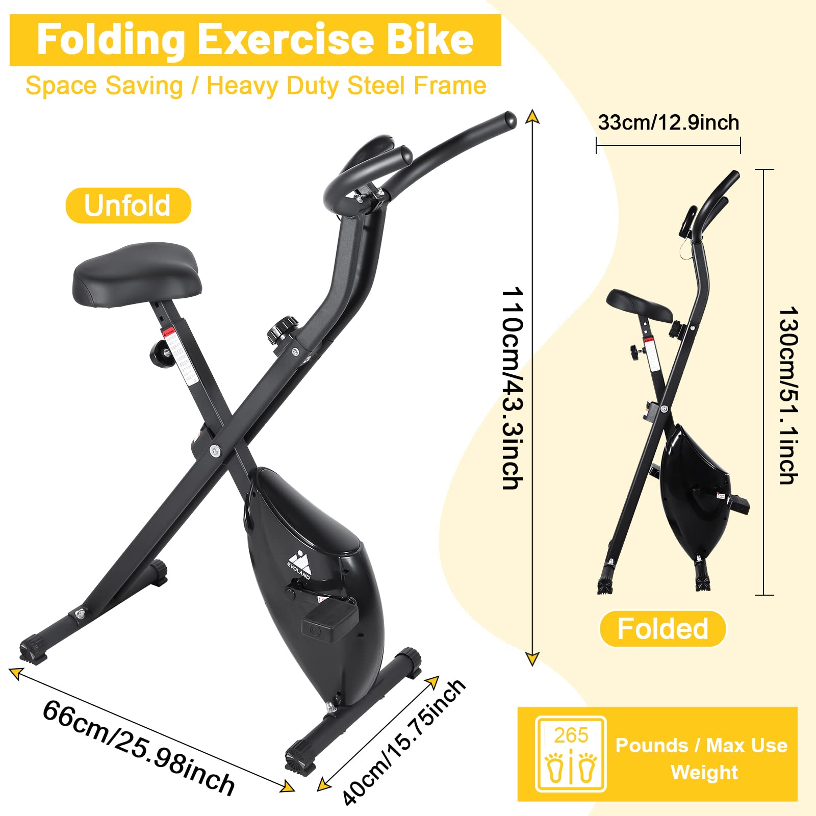 EVOLAND Foldable Exercise Bike - 8-Level Resistance & LCD Display