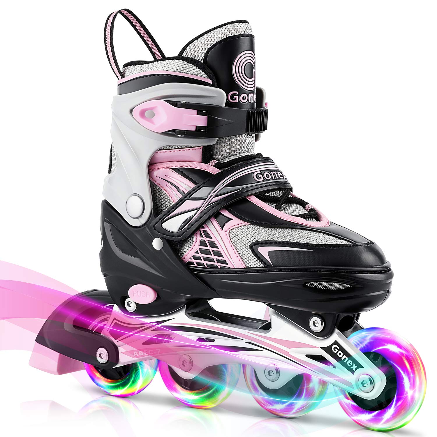 Gonex Kids Adjustable Inline Skates with 8 LED Flashing Wheels - Pink
