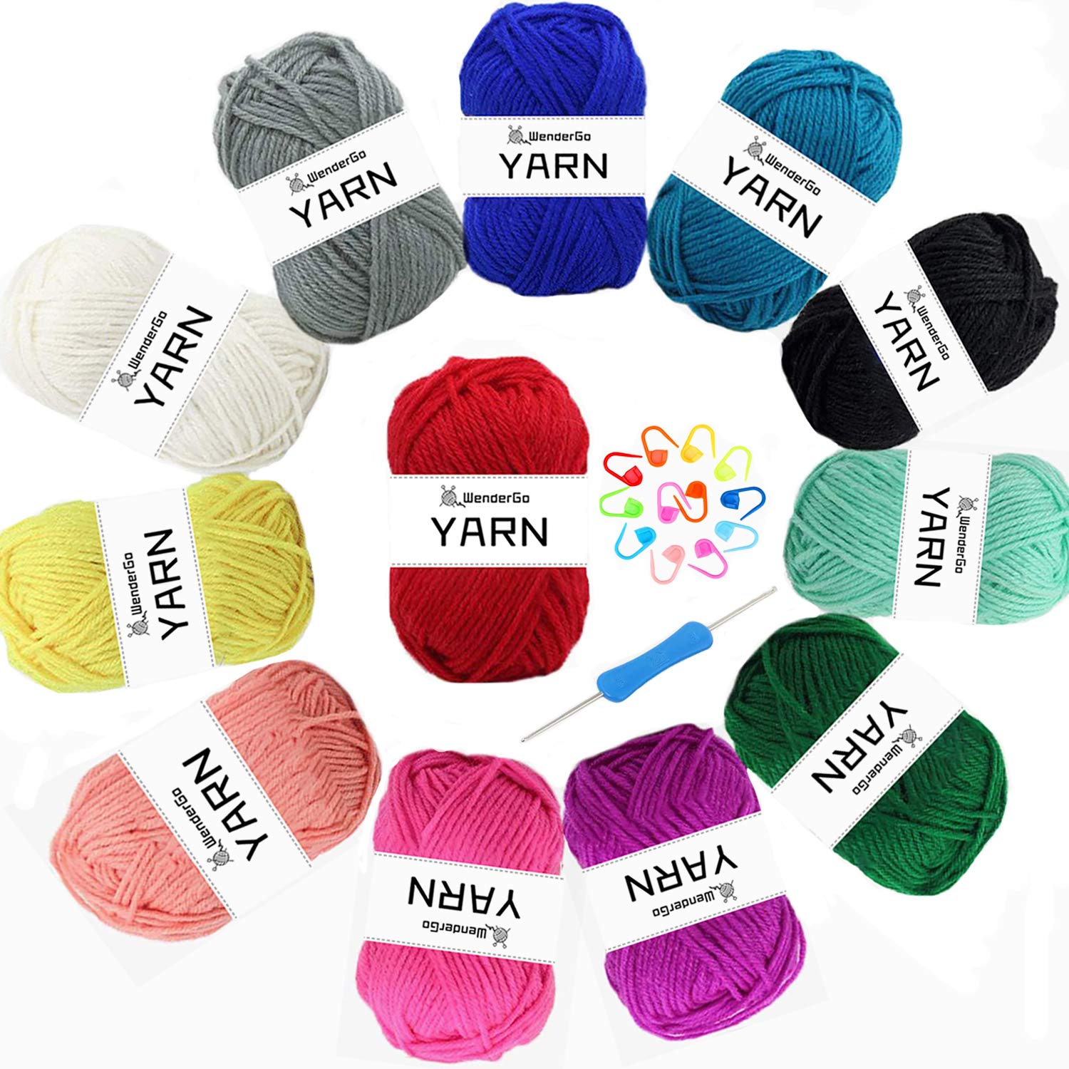Jolof Store 12-Pack Acrylic Knitting Yarn Skeins with Crochet Hook Kit