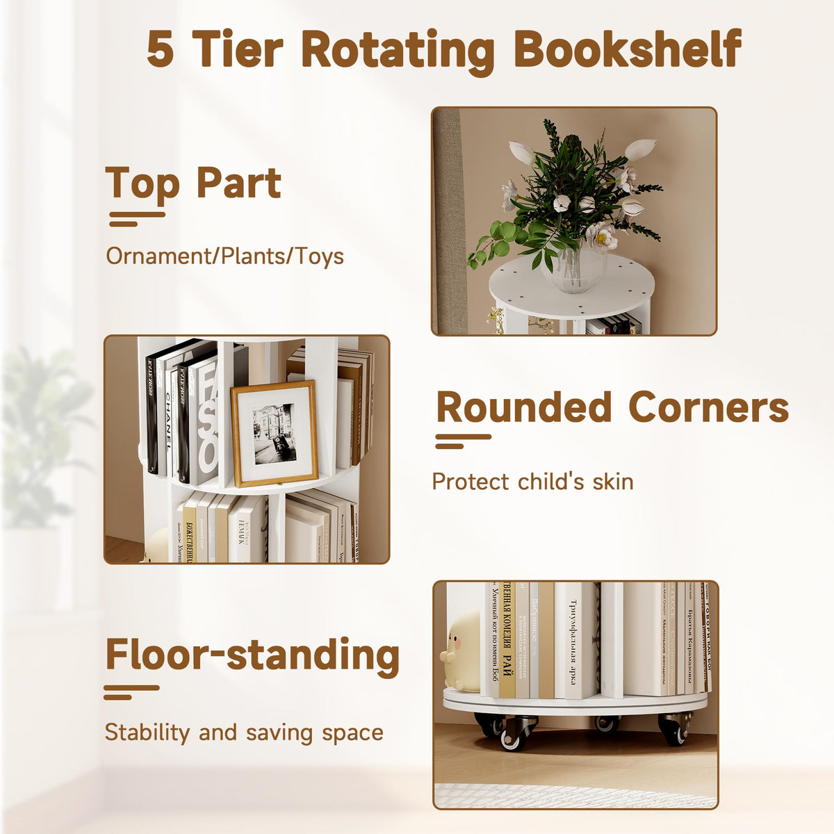 Turosur 5-Tier Rotating Bookshelf, 360° Revolving Bookcase Floor Standing - image 3