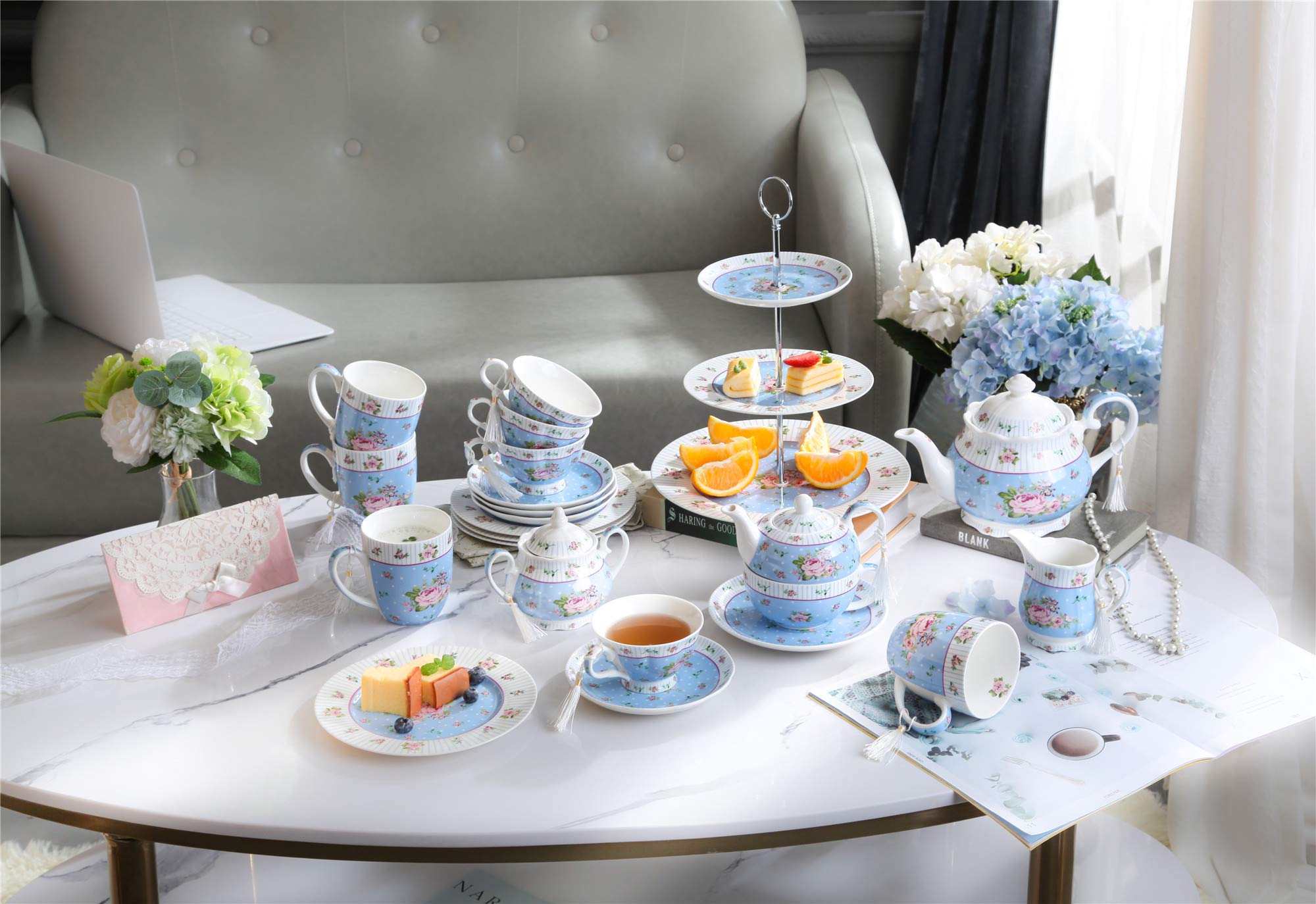 London Boutique Vintage Porcelain Tea Cup and Saucer Set - 4 Piece Rose Blue