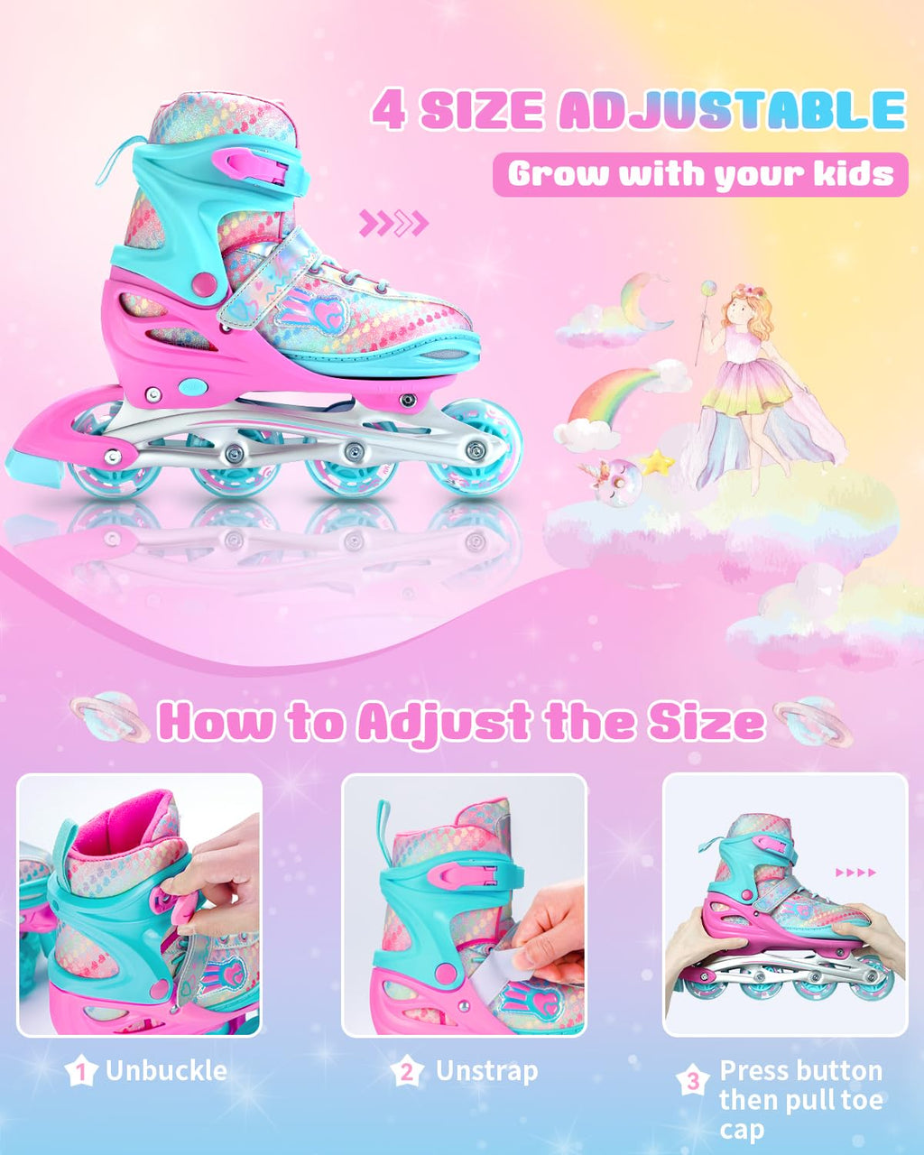 Sportneer Adjustable Inline Skates for Children | 8 LED Wheels & Gear Set