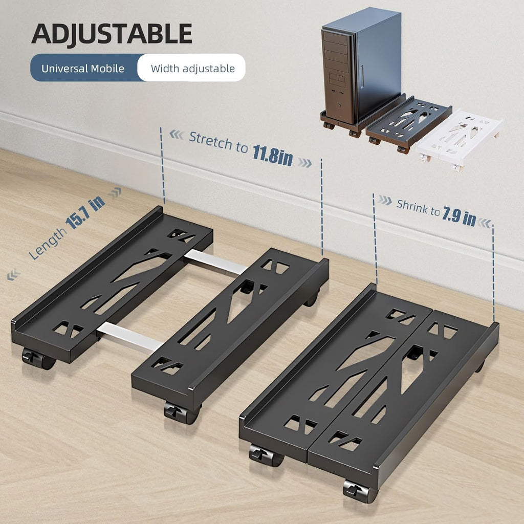 Qcdou Adjustable Mobile CPU Stand - Ventilated Tower Stand with 4 Caster Wheels, Fits Most PC, for Floor Carpet Gaming PC Case Black