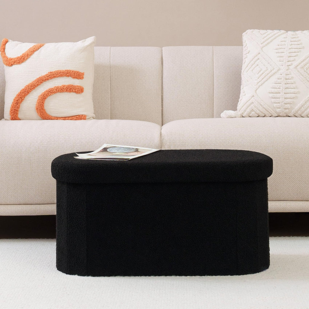 Bonlife Folding Boucle Storage Ottoman Bench | Oval Footstool - Black