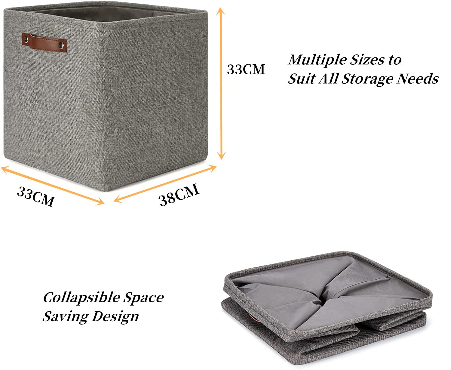 Mangata Grey Canvas Storage Cube Baskets with Leather Handles - 33x38x33cm