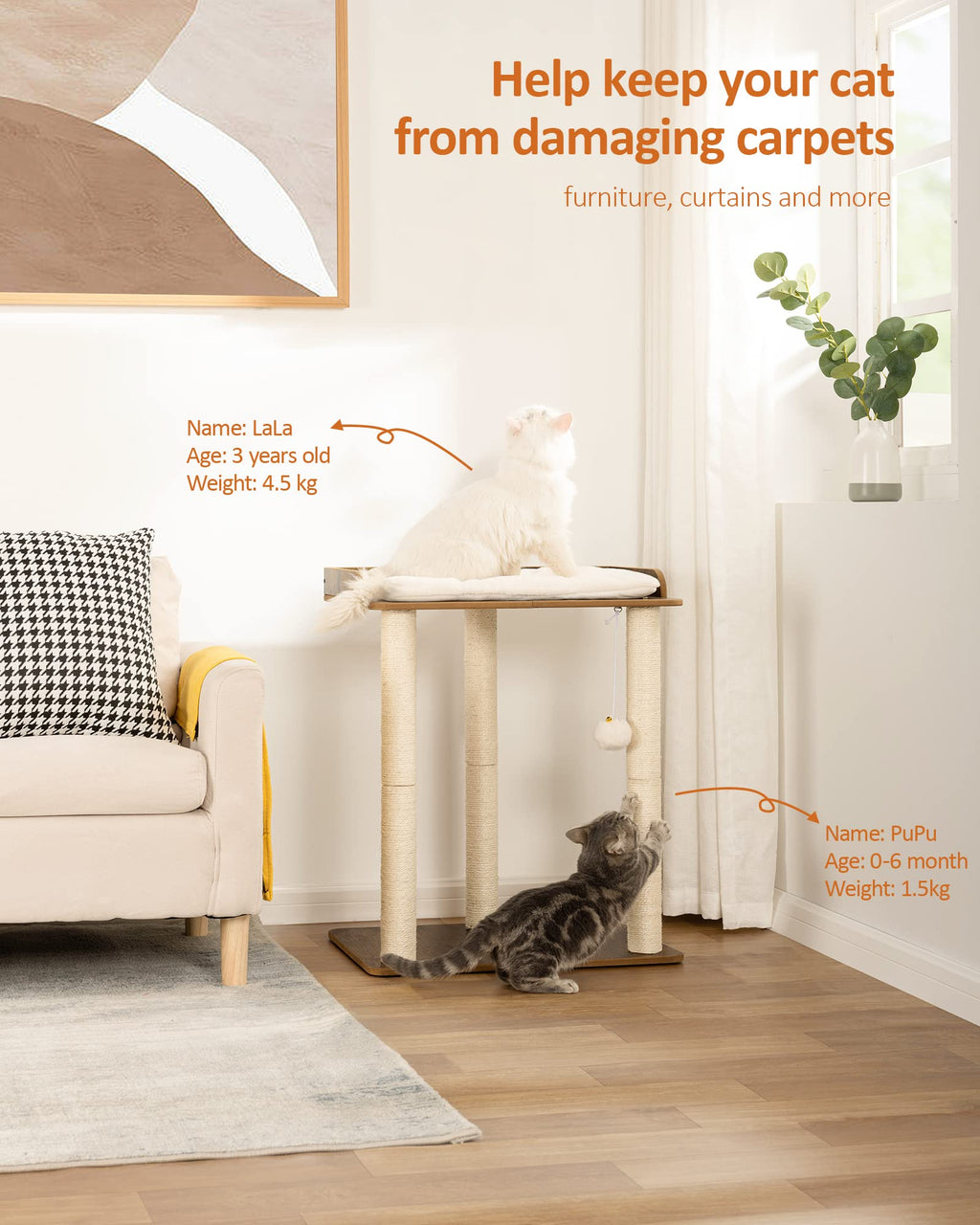 FourFurPets Cat Scratching Post – 68cm Sisal Tower – Vintage Brown