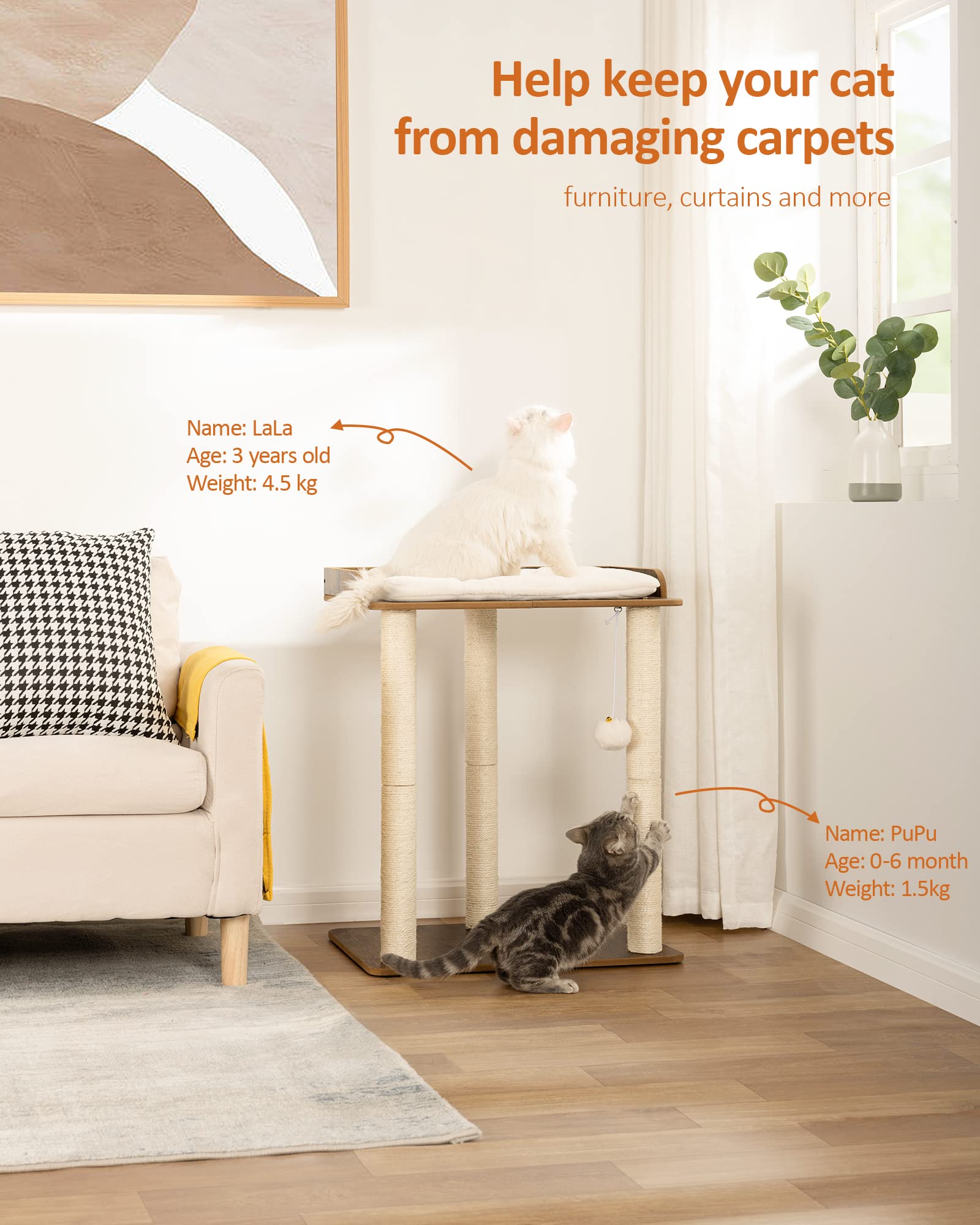 FourFurPets Cat Scratching Post – 68cm Sisal Tower – Vintage Brown