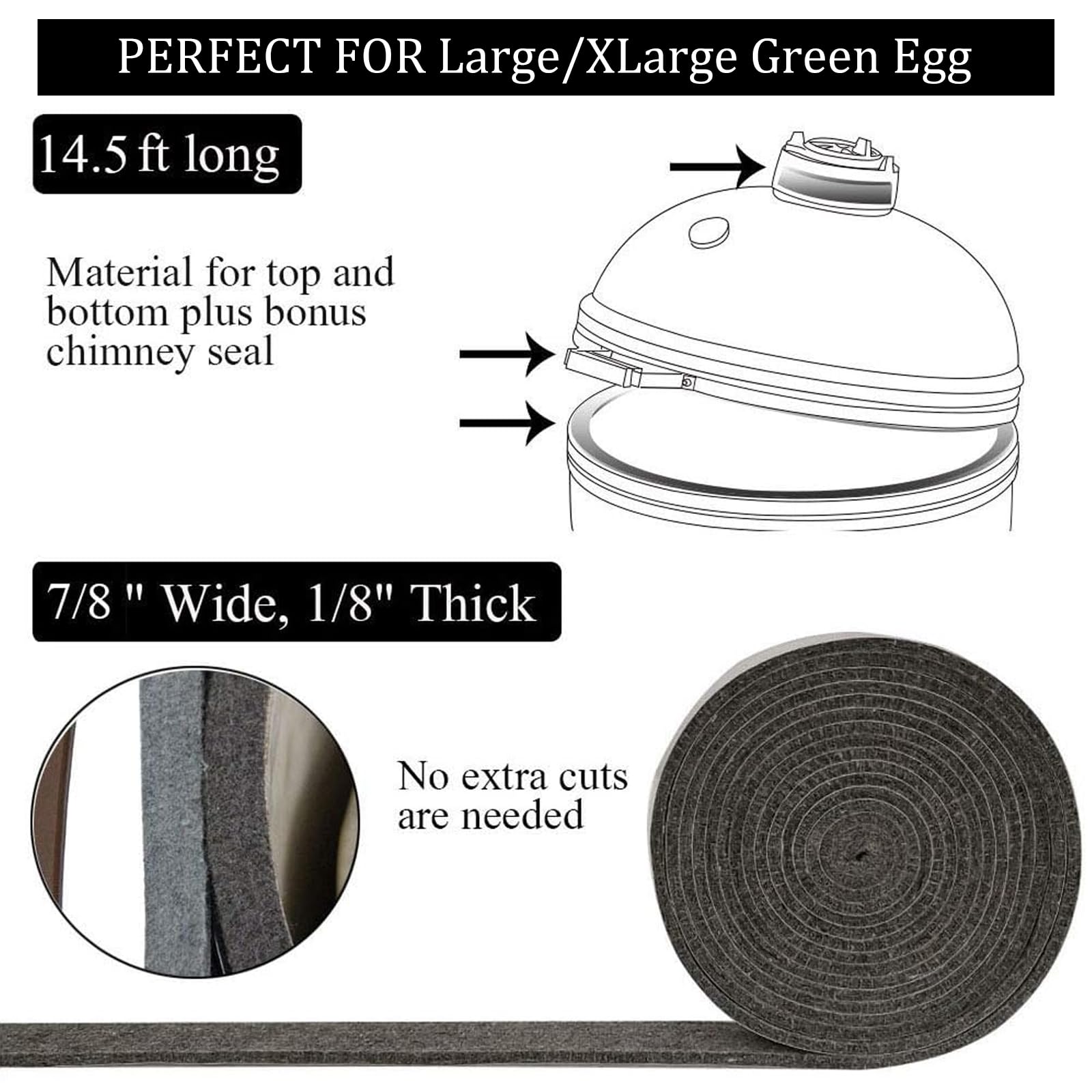 KAMaster High Temp Grill Gasket for Large/XL Big Green Egg - 14ft Felt Seal