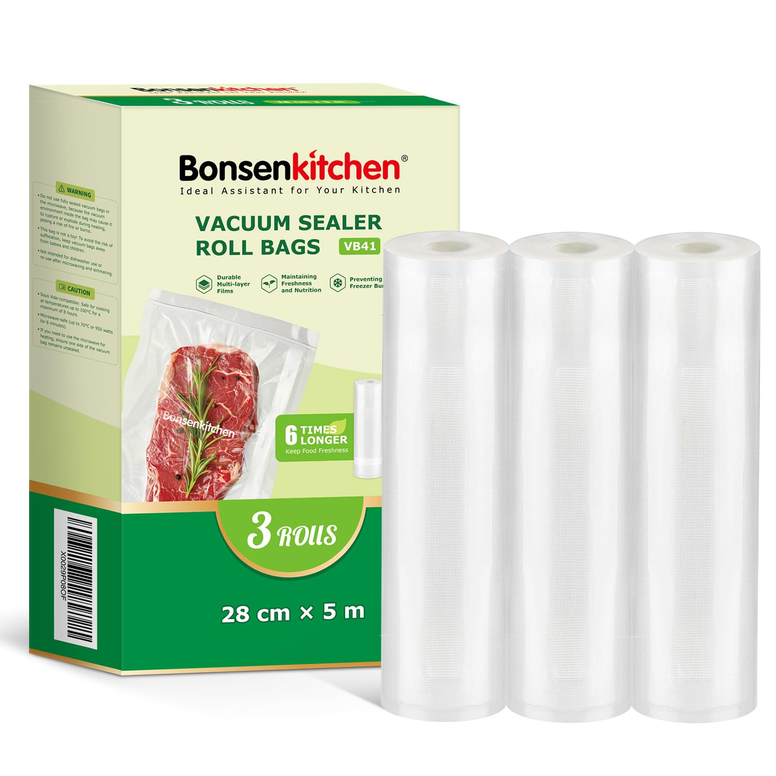 Bonsenkitchen Vacuum Sealer Rolls | 3-Pack 28x500cm BPA Free Bags