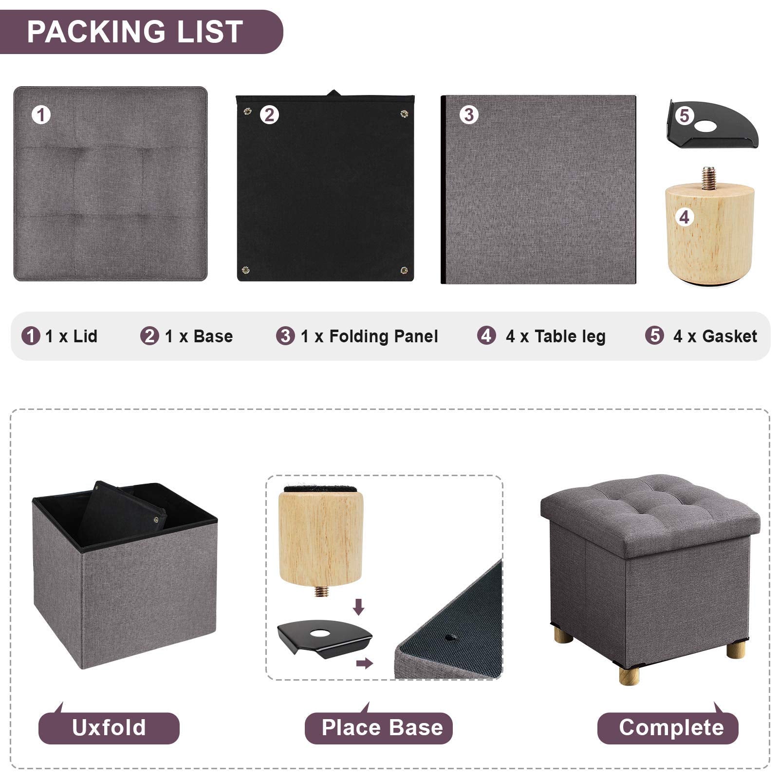 BRIAN & DANY Folding Storage Ottoman | Linen Foot Stool with Wood Legs