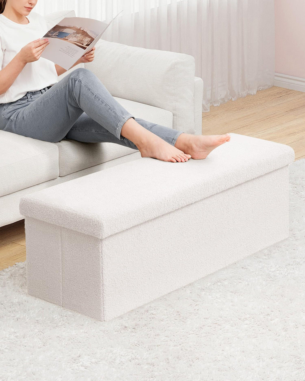 Bonlife White Boucle Folding Storage Ottoman Bench - 110cm Sherpa Footstool