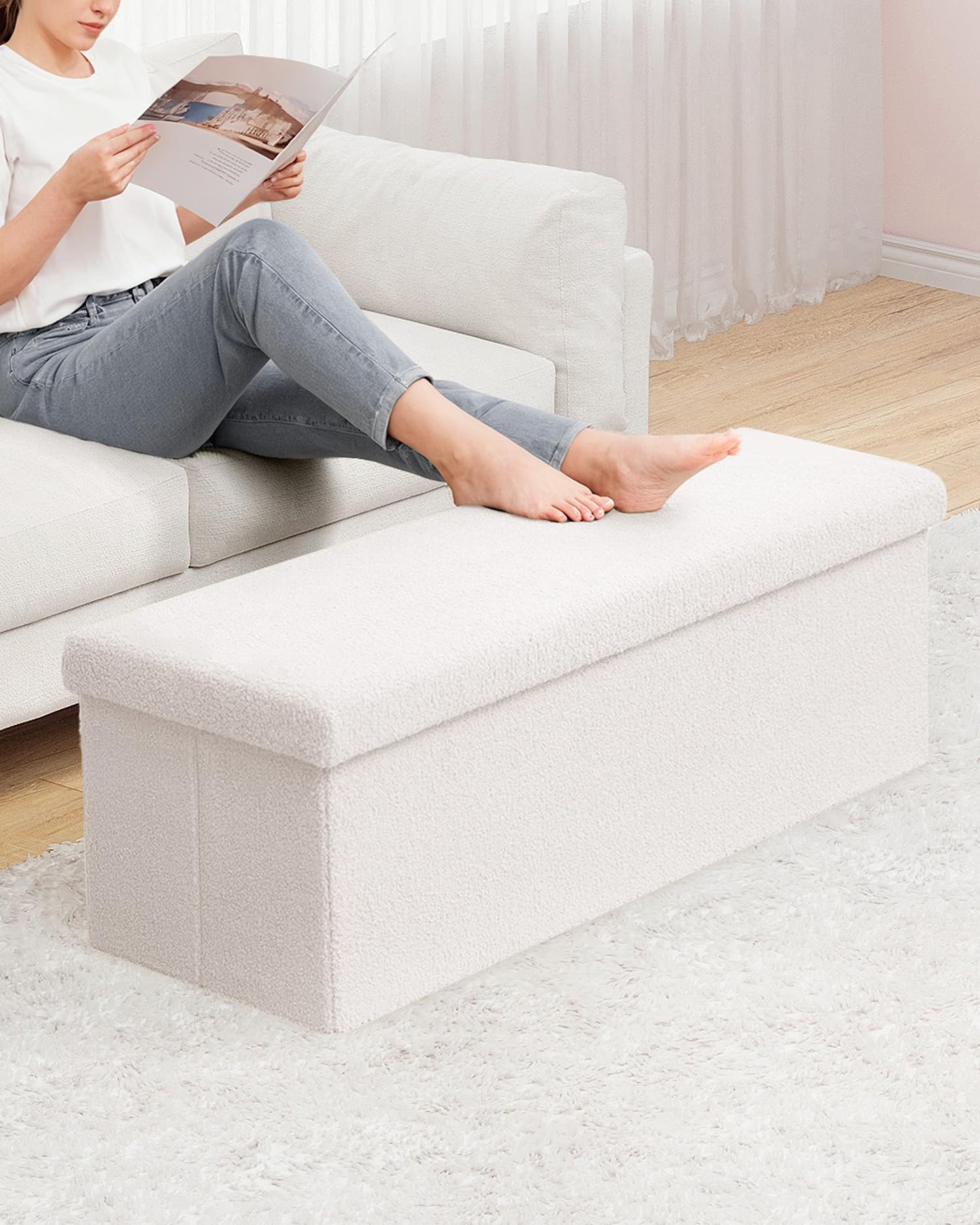 Bonlife White Boucle Folding Storage Ottoman Bench - 110cm Sherpa Footstool