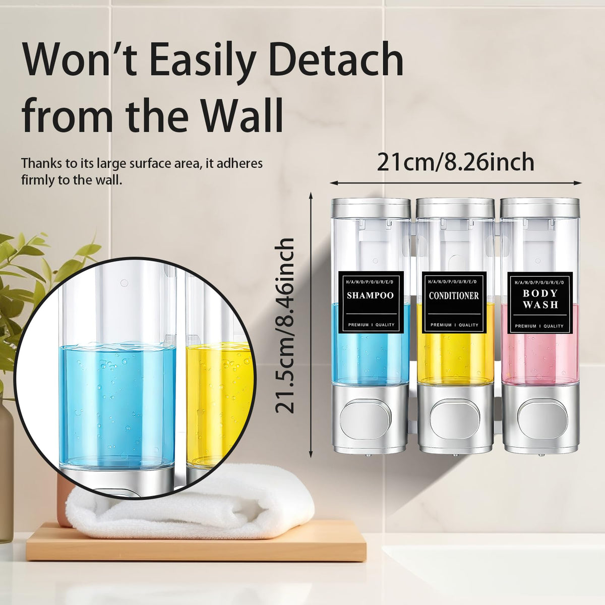 3 Chamber Shampoo and Conditioner Dispenser, Wall Mounted, 300 ml, Silver - image 2