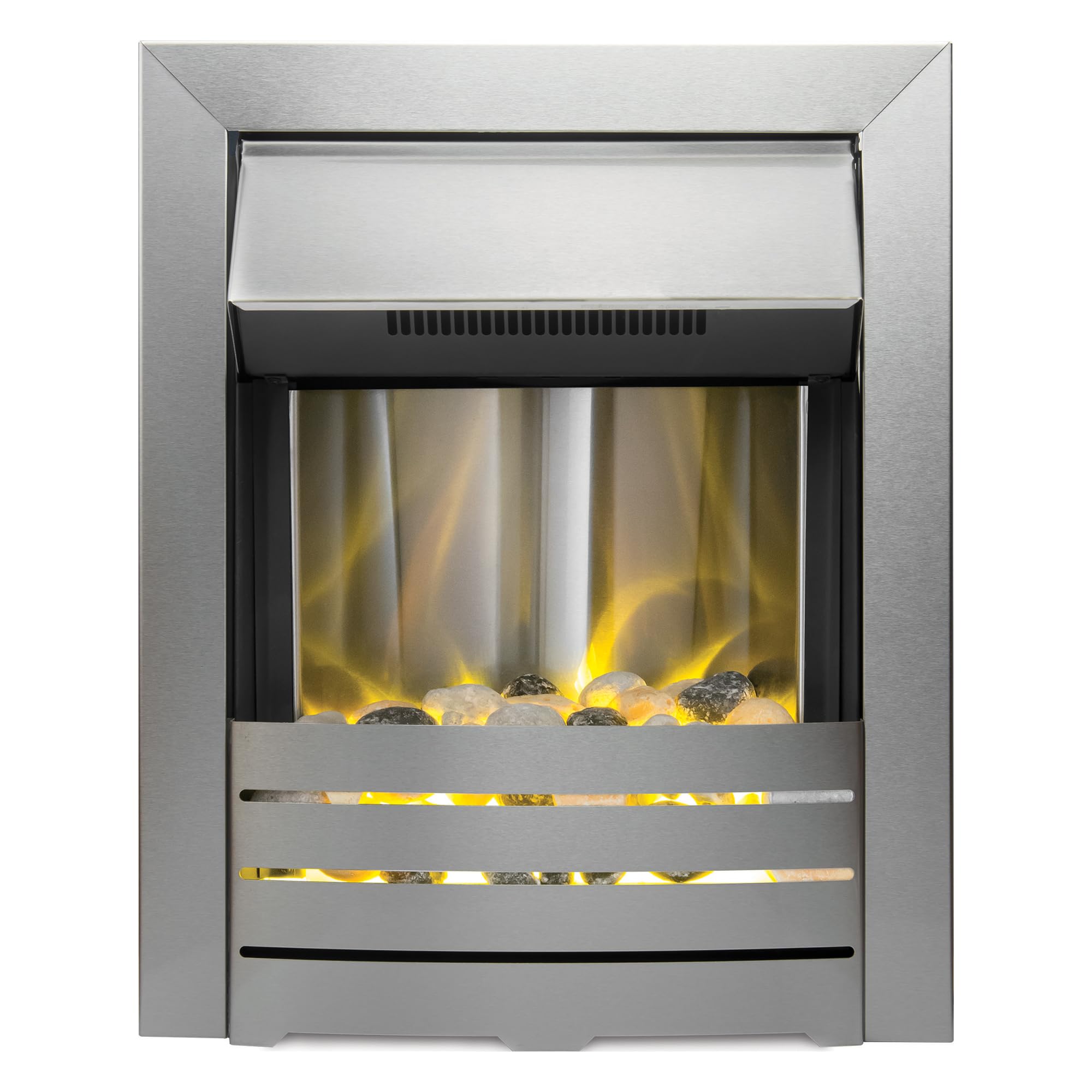 Adam Helios Electric Fire – Brushed Steel Fireplace with Pebble Bed