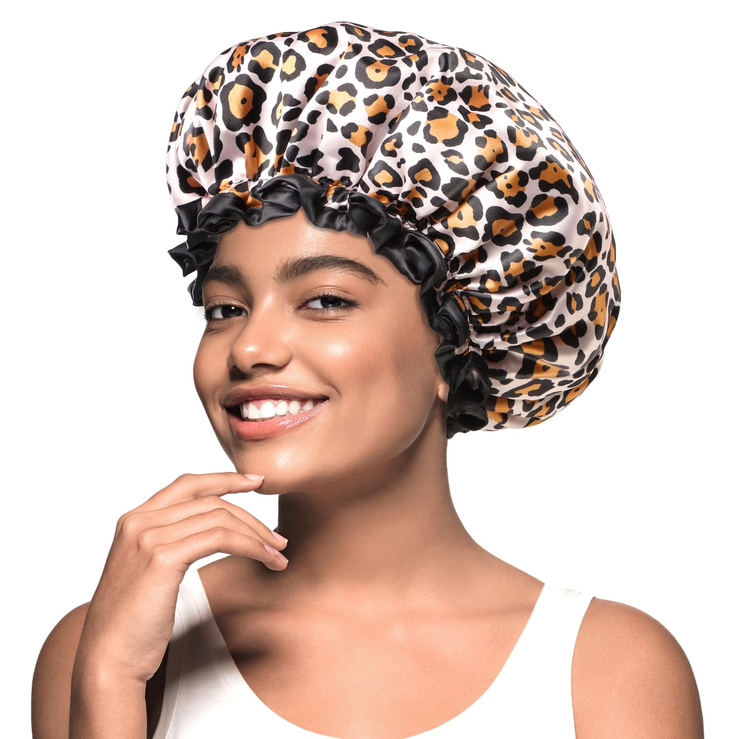 mikimini Leopard Shower Cap for Women | Double Layer Waterproof Bath Hat