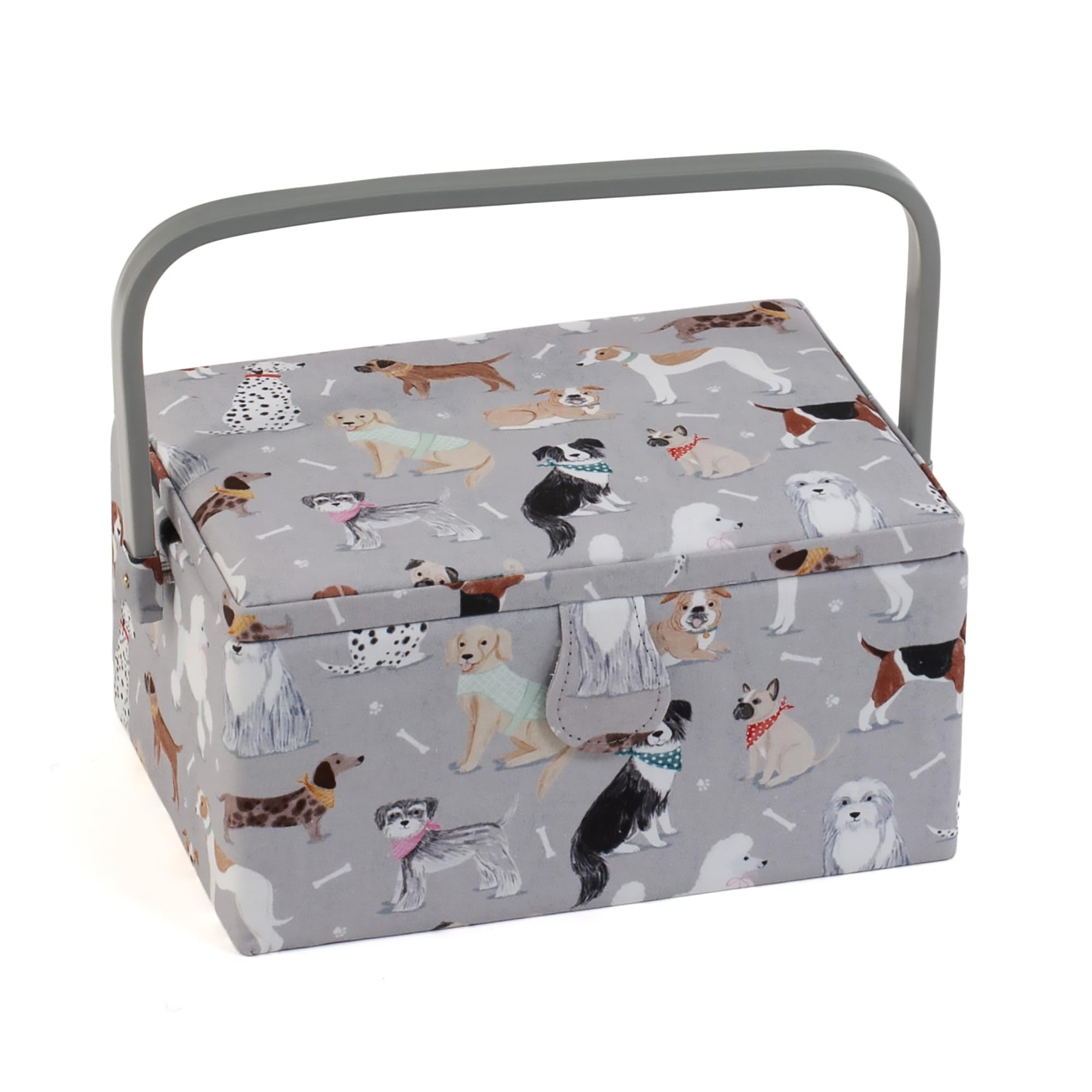 Hobby Gift Medium Sewing Box – Grey Dogs Fabric Craft Storage with Tray
