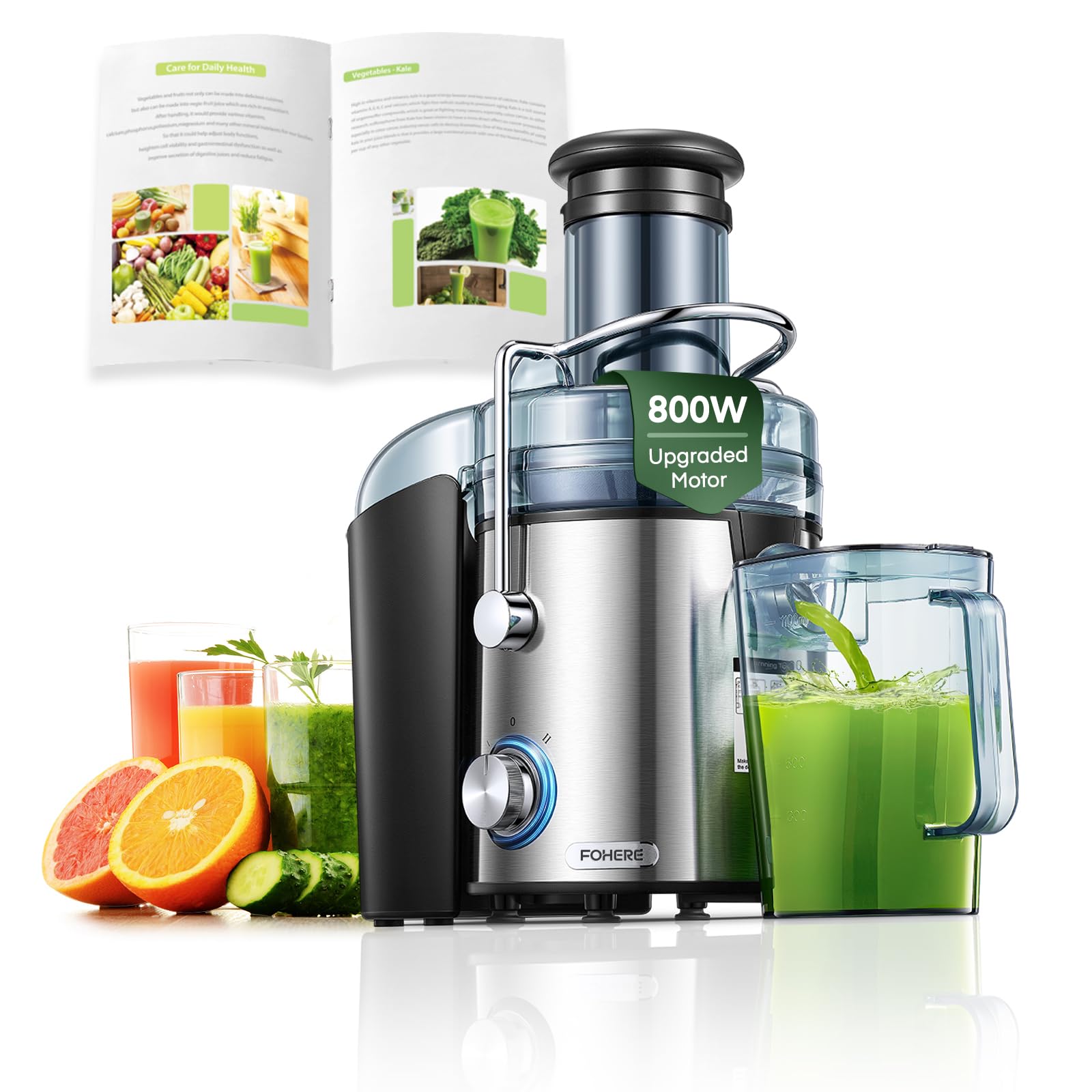 FOHERE 800W Juicer Machine – 75mm Large Feed Chute Fruit Extractor