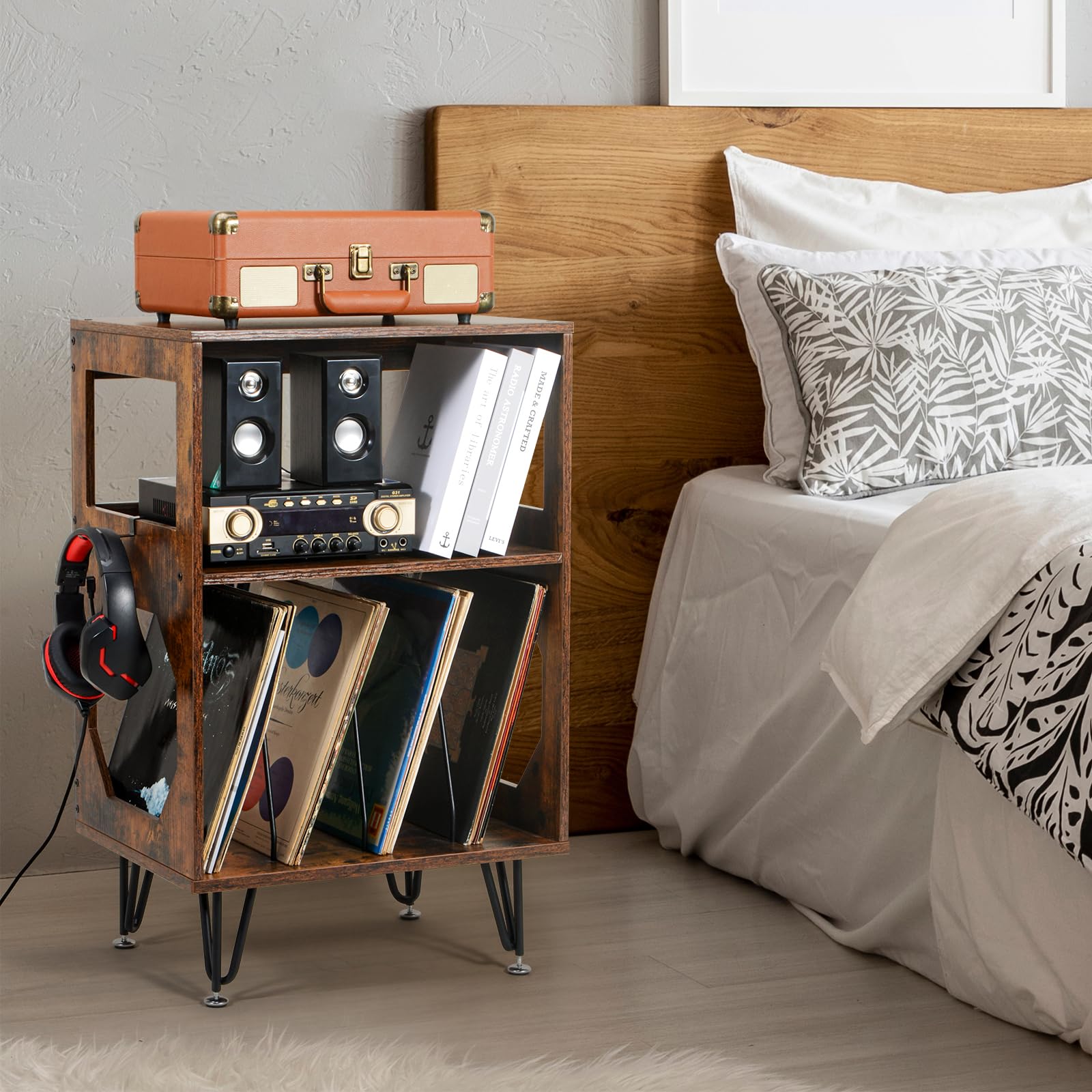 ikkle Rustic Record Player Stand | Vinyl Storage Cabinet with Metal Legs