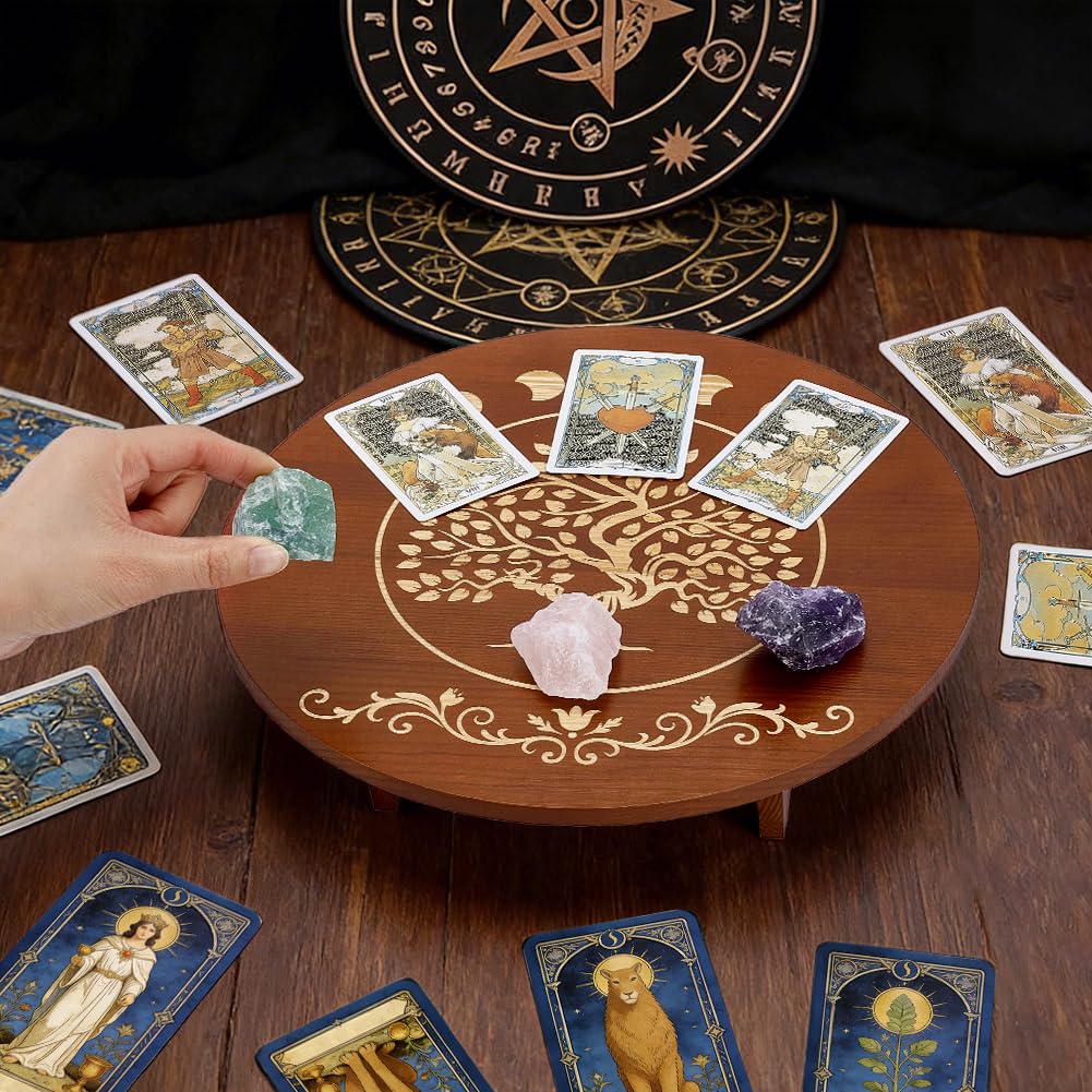 PH PandaHall Altar Table, 11.8x2.7 Inch Round Wooden Meditation Table Engraved Moon Tree of Life Patterns Wiccan Tables for Room Engraved Mystic - image 3