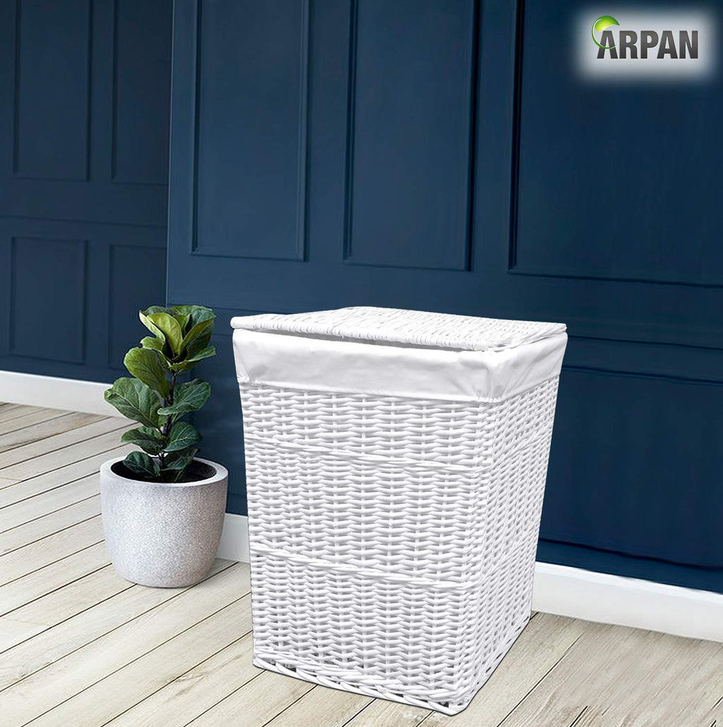 Arpan Large White Wicker Laundry Basket | 85L Hamper with Washable Liner